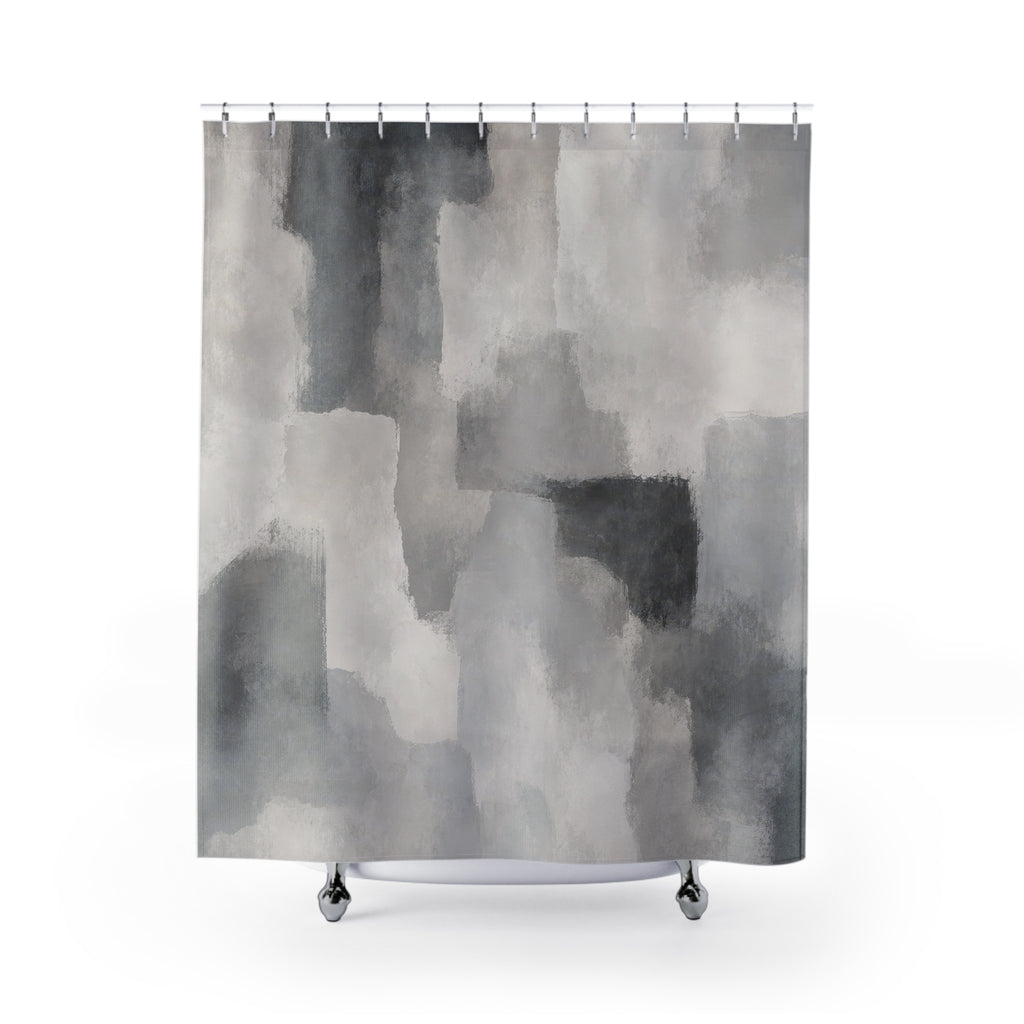 Abstract Shower Curtain, Gray Modern Bath Decor, Painterly Block Pattern, Charcoal White Guest Bathroom Decor, Modern Neutral Style