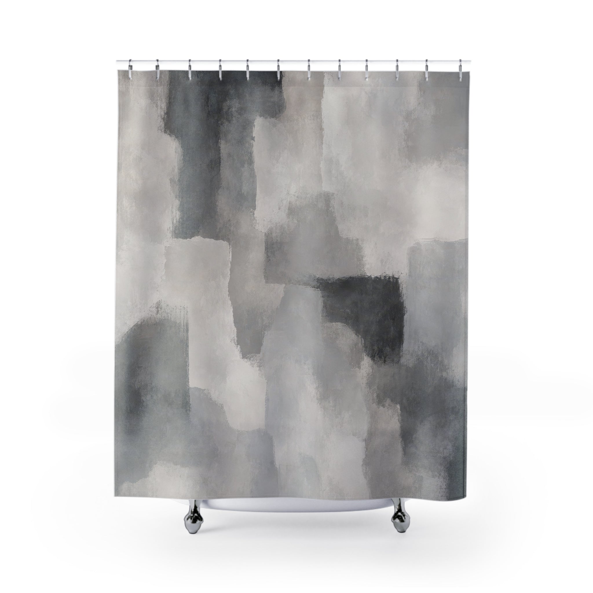 Abstract Shower Curtain, Gray Modern Bath Decor, Painterly Block Pattern, Charcoal White Guest Bathroom Decor, Modern Neutral Style