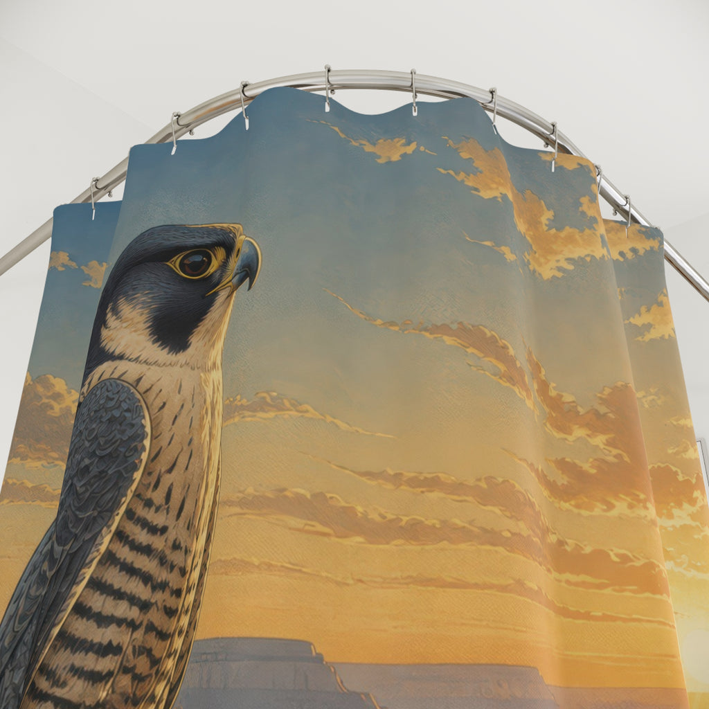 Close-up of Watchful falcon on a golden canyon ledge at sunrise shower curtain with hooks and folds