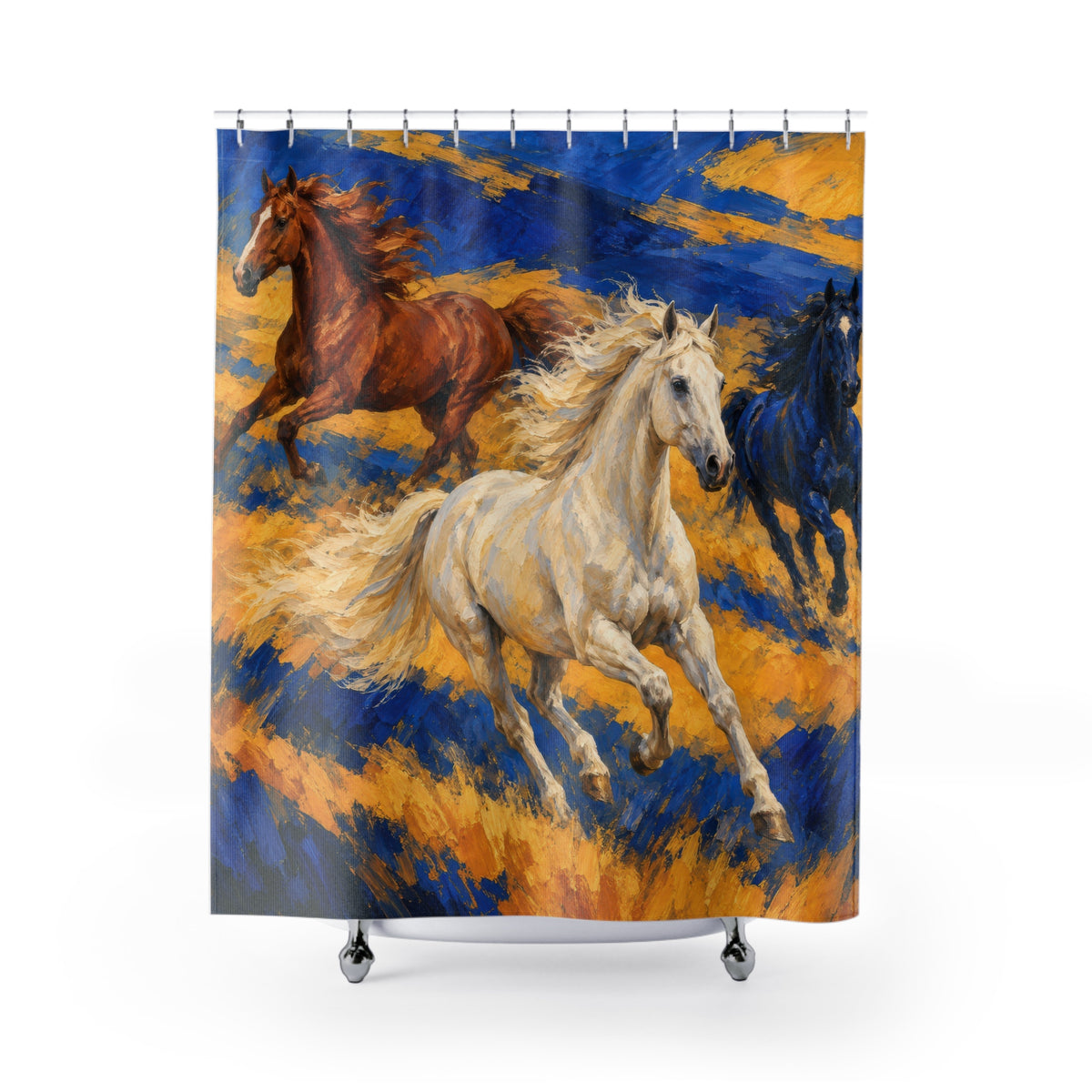 Ivory, chestnut and blue horses on cobalt and saffron shower curtain with full front view