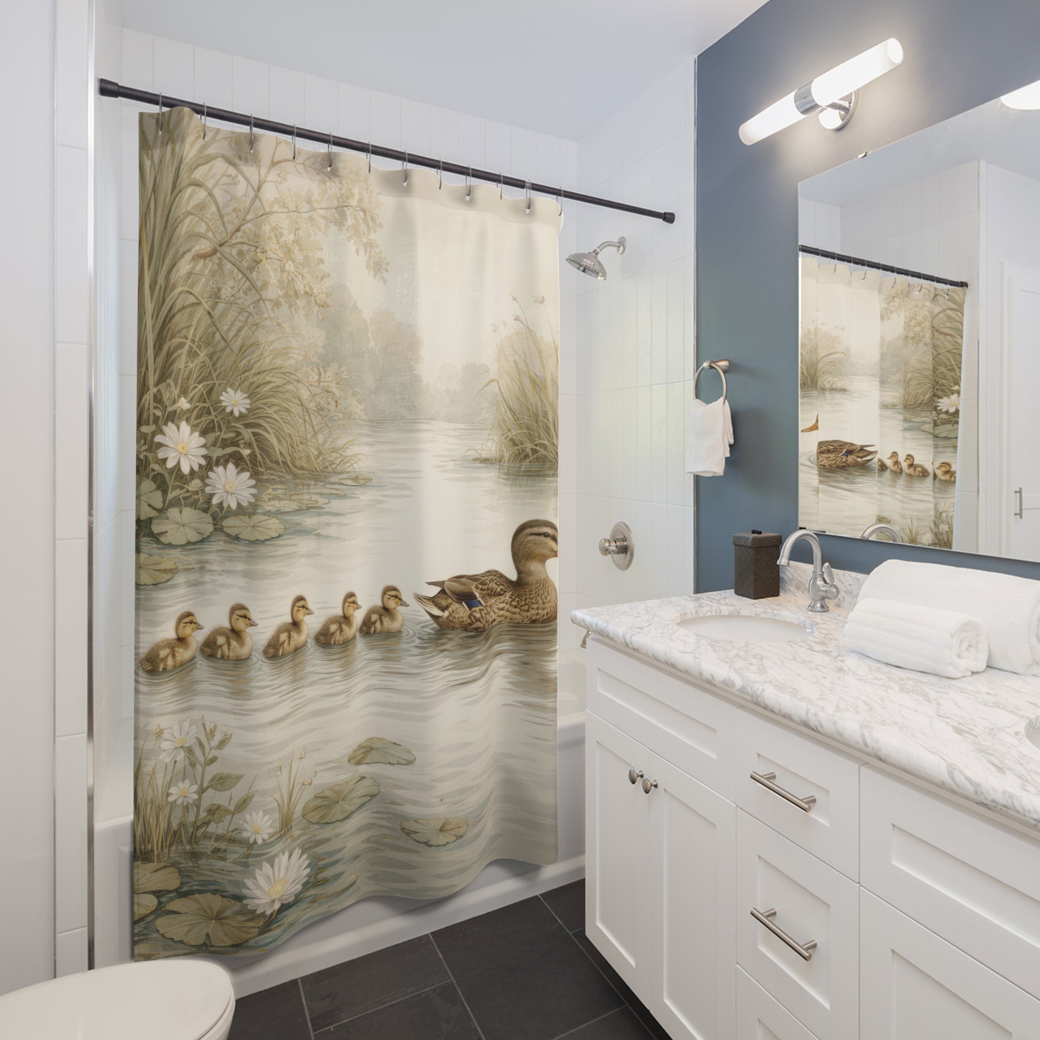 Duck Family Shower Curtain – Blue-Green Pond Scene