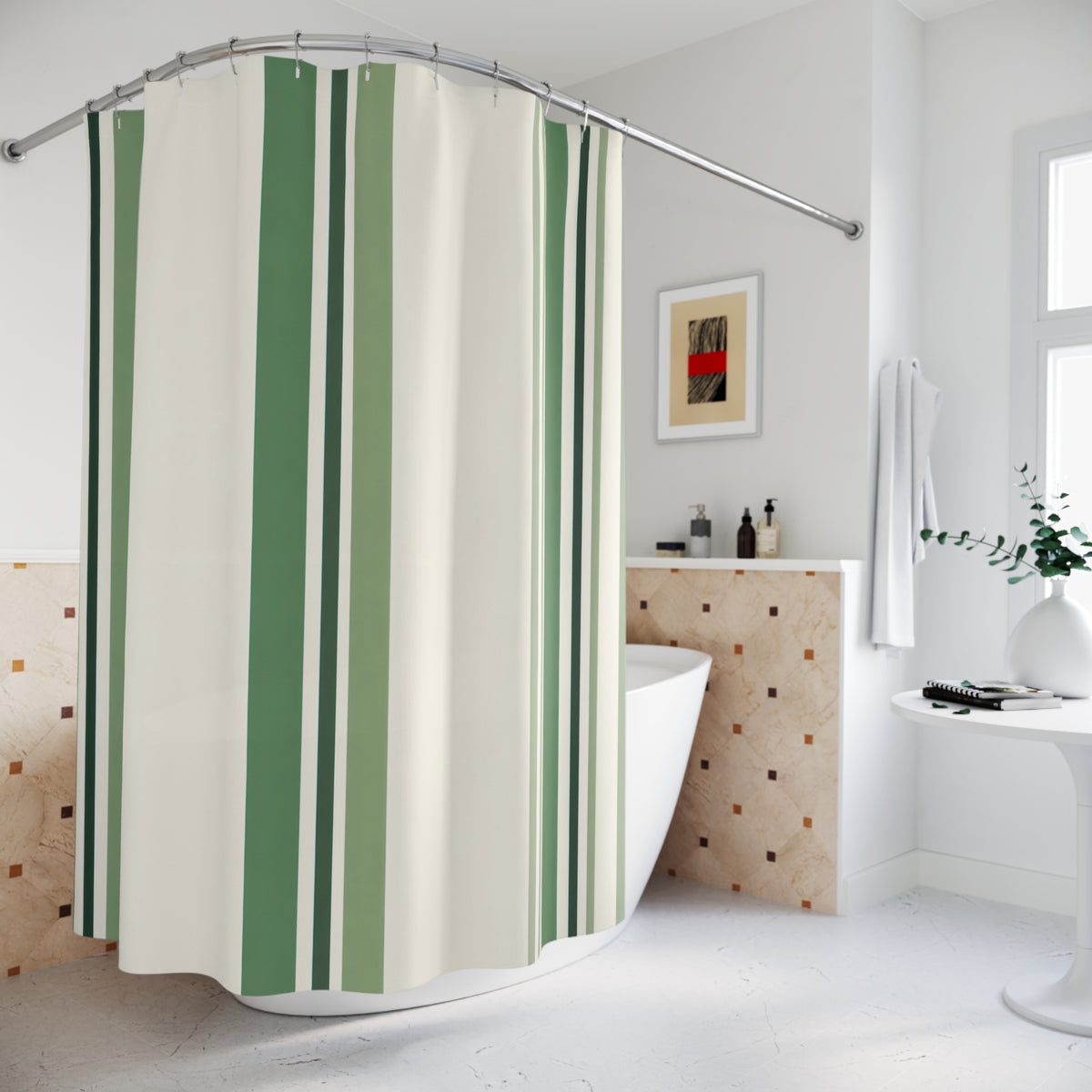 Green Cream Pinstripe Shower Curtain