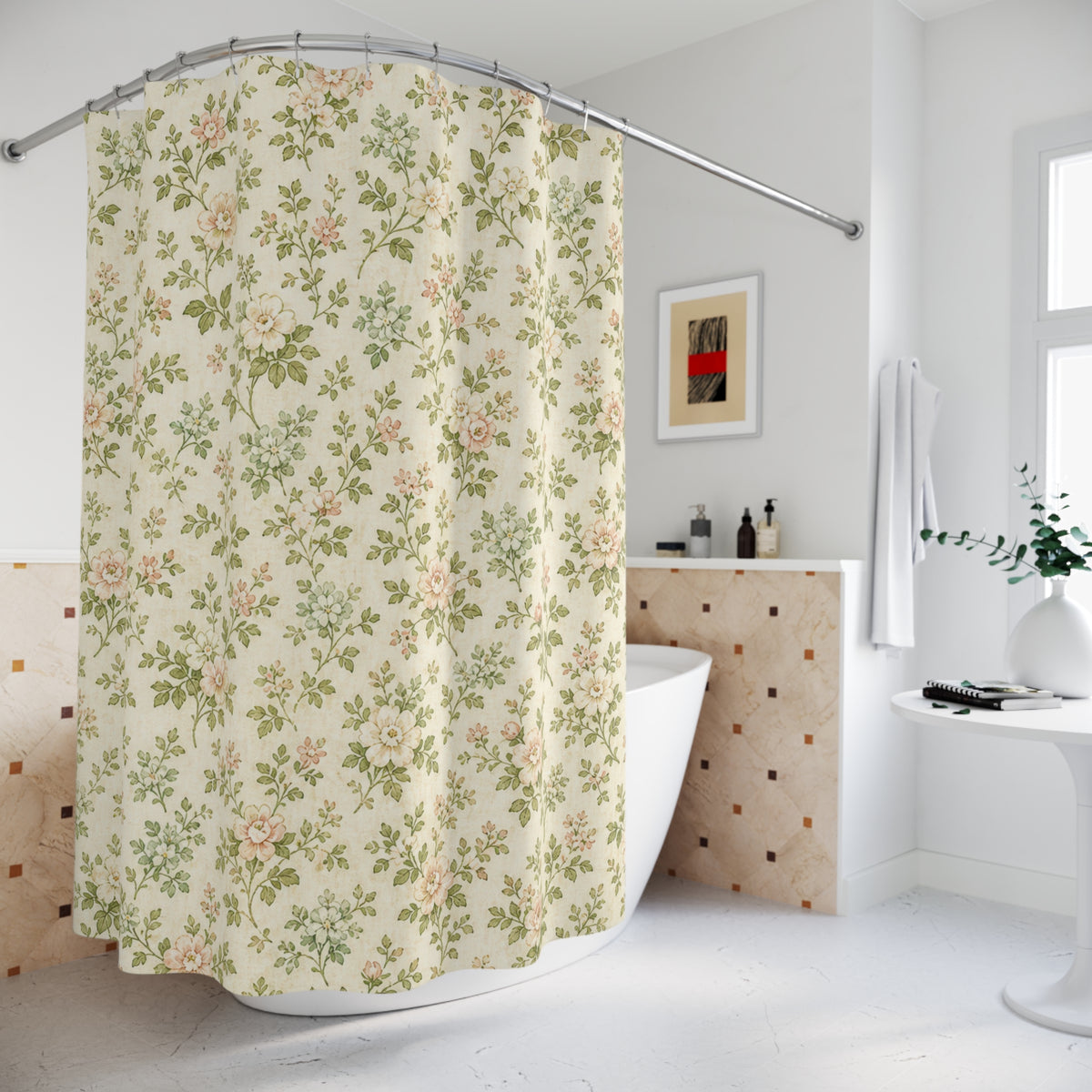 Vintage Chintz Garden Print green shower curtain beside a freestanding tub