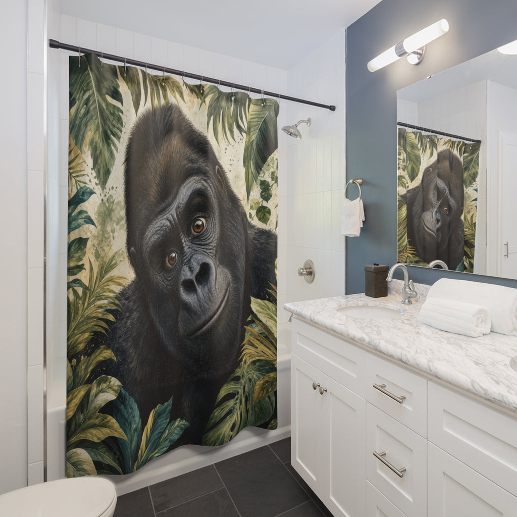 Unique Funny Gorilla Shower Curtain, Jungle Animal Portrait Art, Green Tropical Bathroom Decor, Tropical Wall Guest Bath Gift For Home