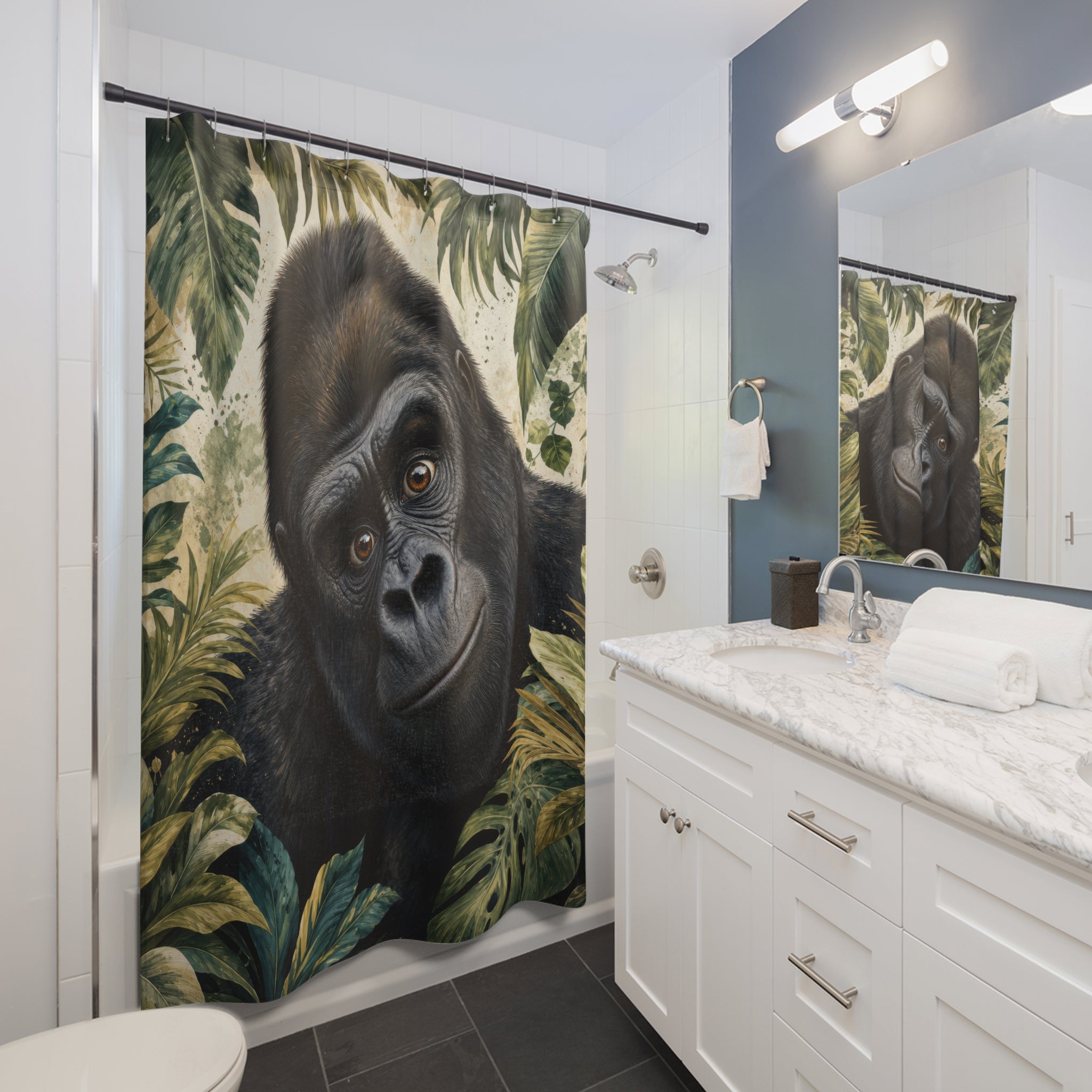 Unique Funny Gorilla Shower Curtain, Jungle Animal Portrait Art, Green Tropical Bathroom Decor, Tropical Wall Guest Bath Gift For Home