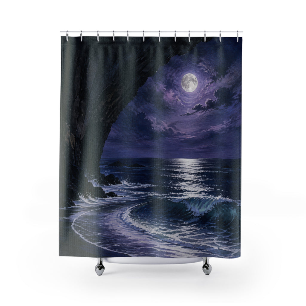 Moonlit ocean cove beneath a dark basalt arch shower curtain with full front view