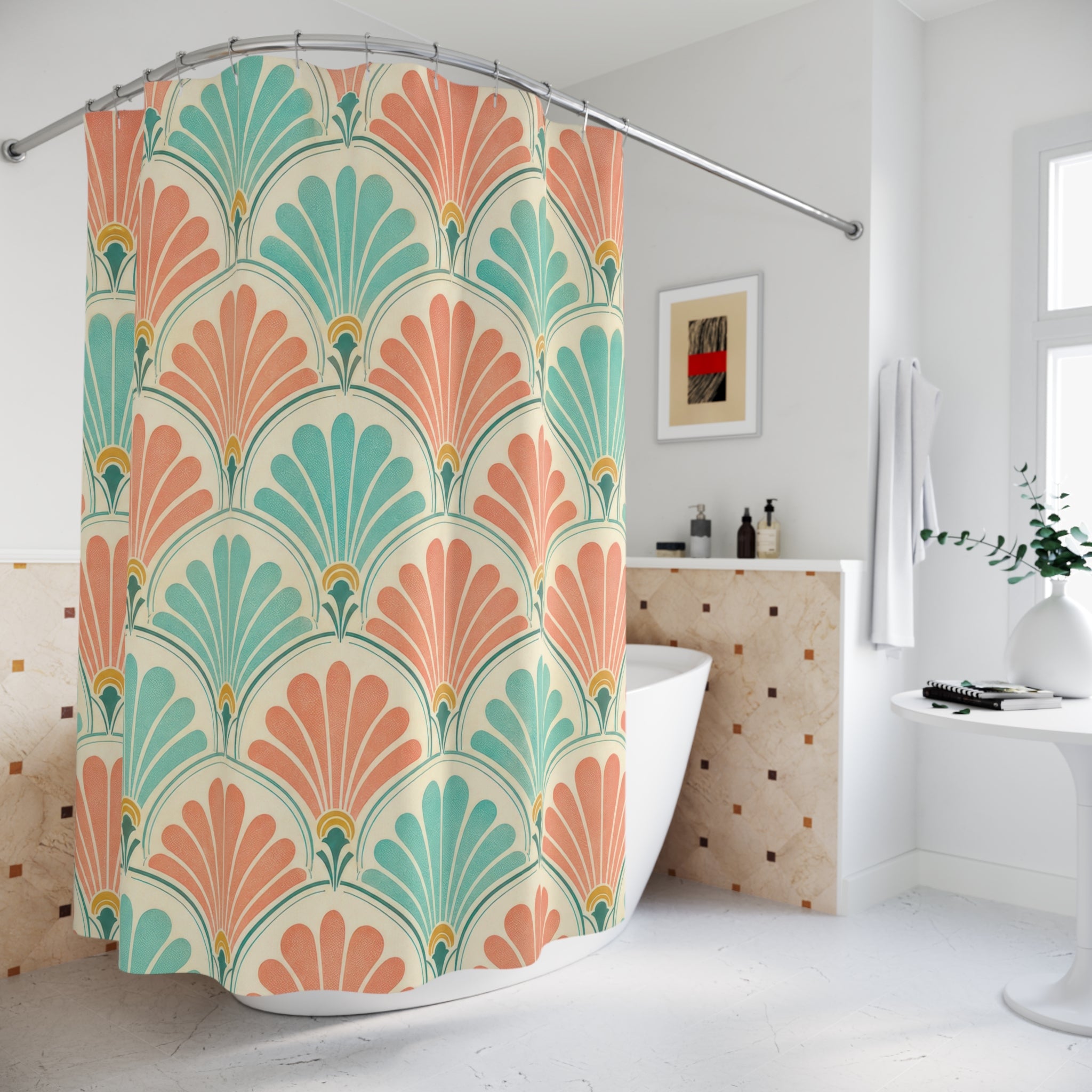 Peach Teal Scallop Shell Fan Retro Shower Curtain