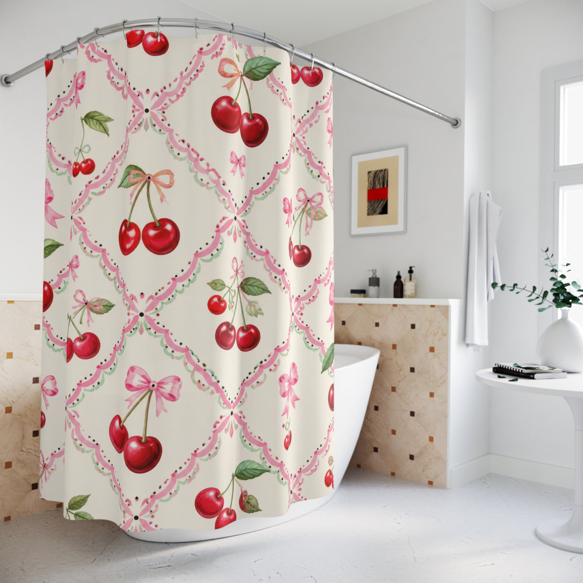 Red cherries and pink bows in a cream trellis pattern shower curtain beside a freestanding tub