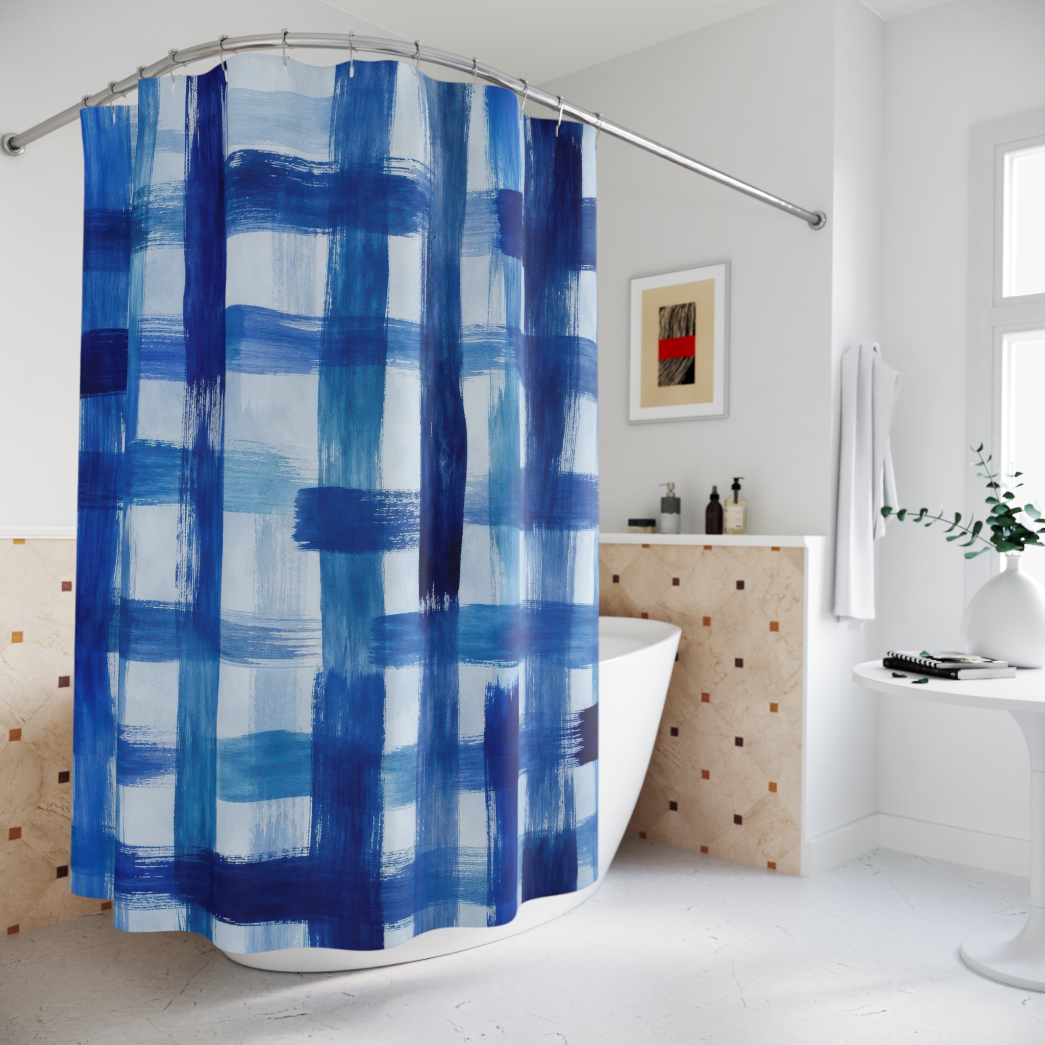Blue Plaid Shower Curtain, Blue White Classic Bathroom Decor, Plaid Pattern Bath Curtain, Guest Bath Decor, Small Bathroom Decor, Home Decor