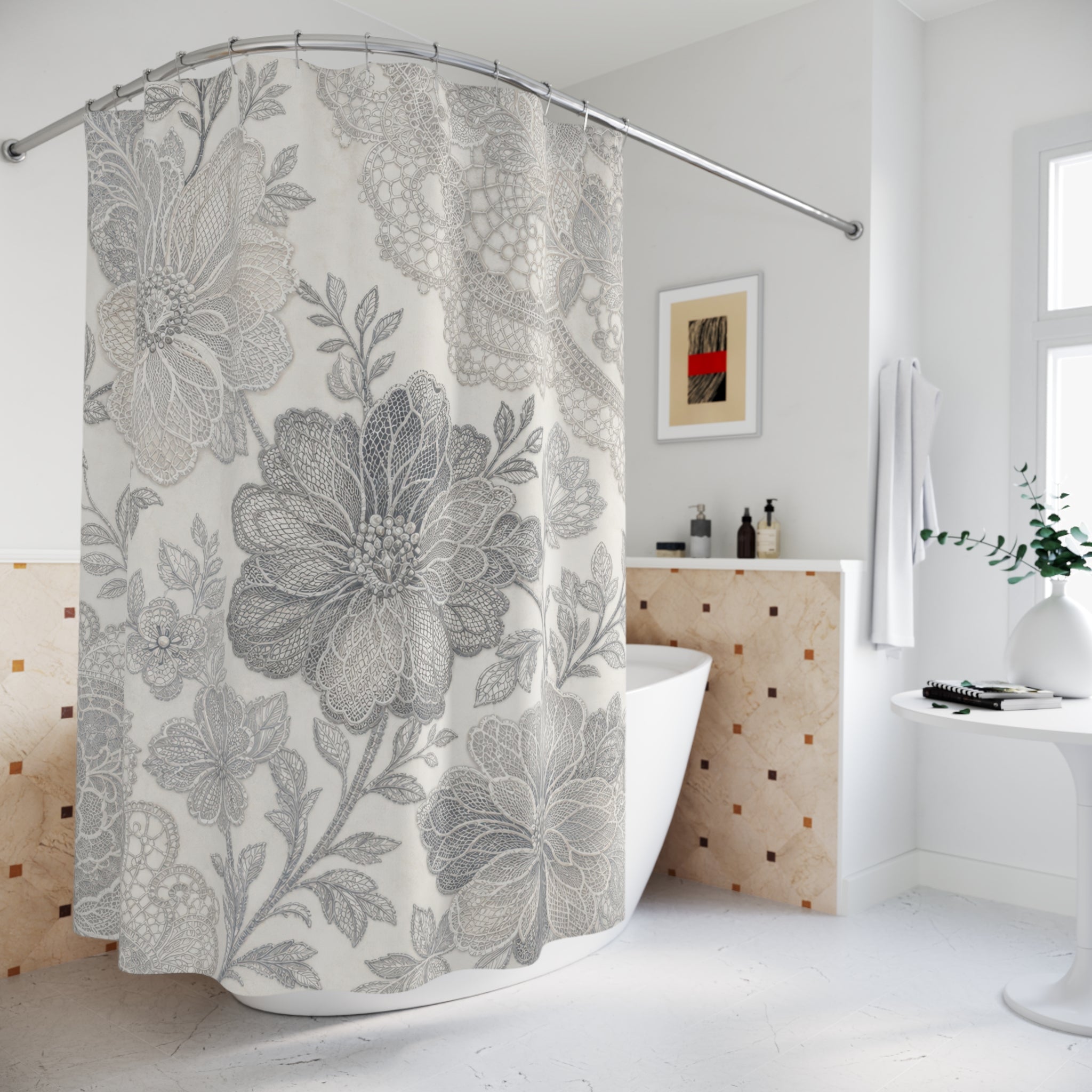 Gray Botanical Lace Shower Curtain