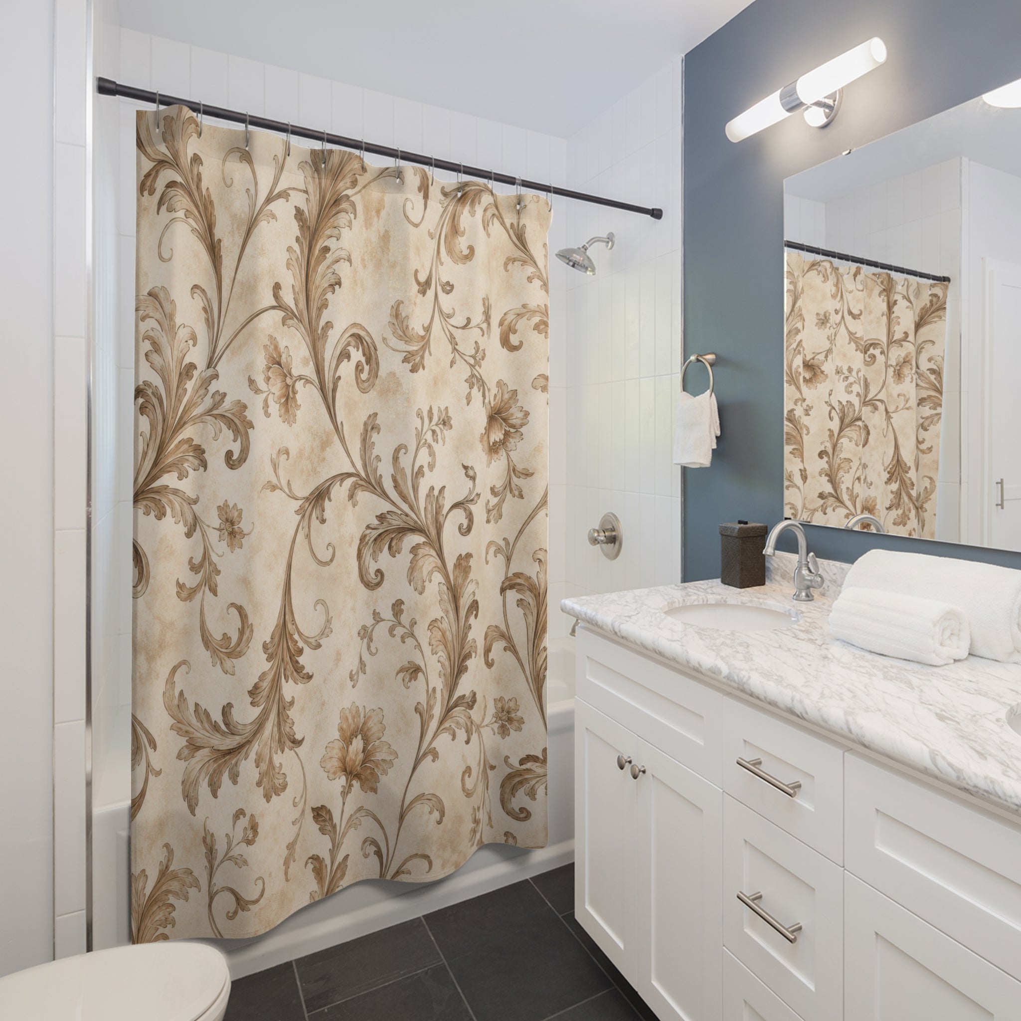 Brown Beige Scroll Vine Shower Curtain