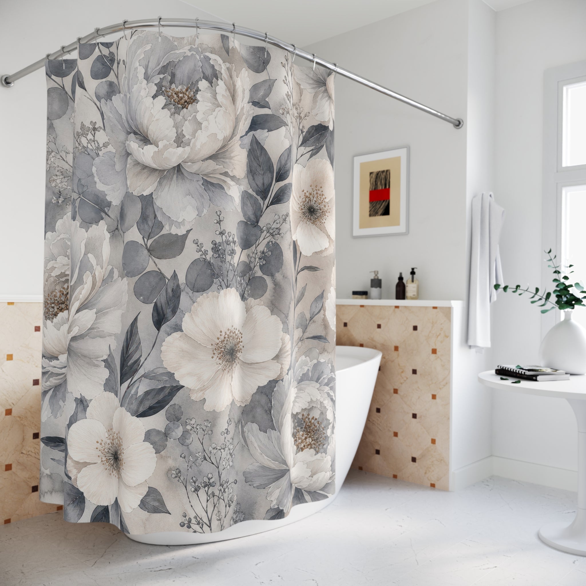 Grey Floral Shower Curtain: White Flower