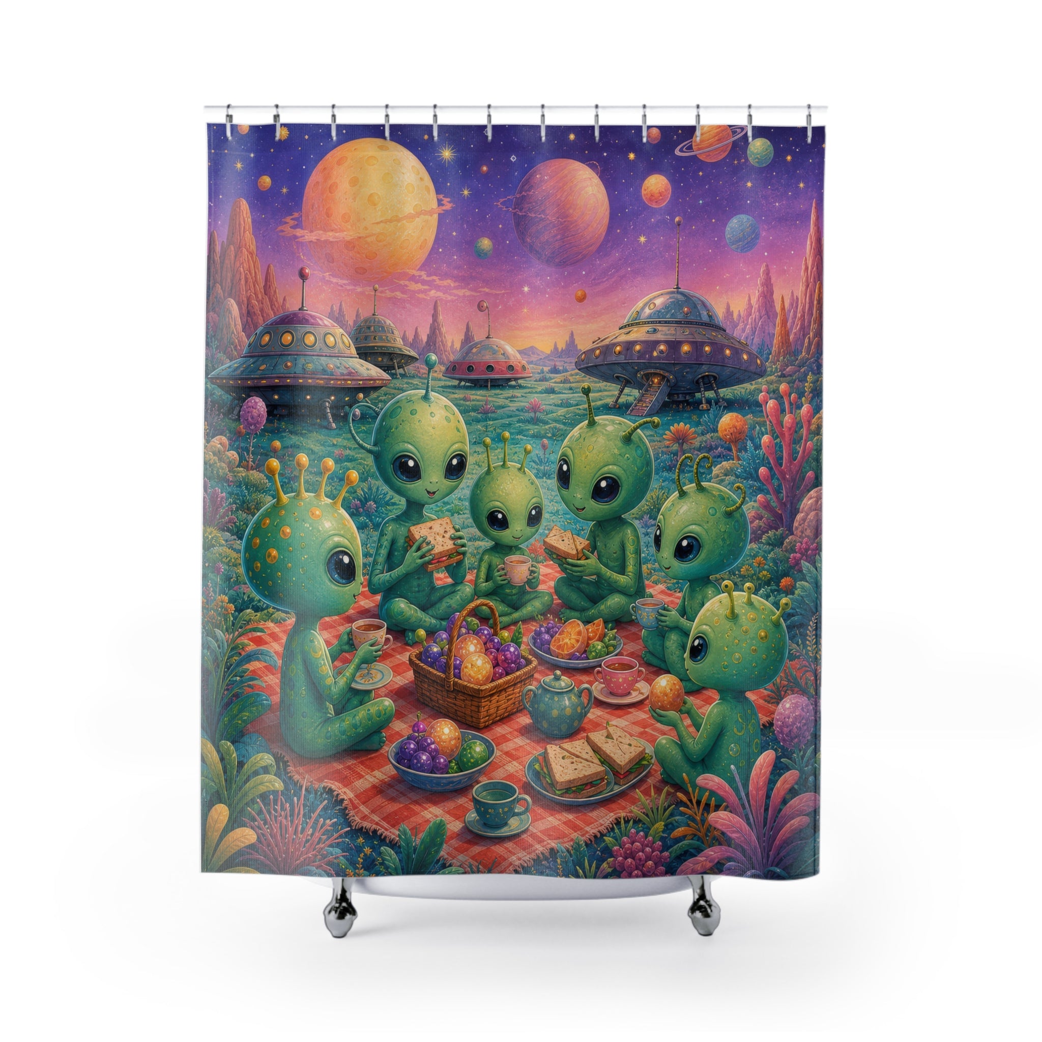 Cute Space Picnic Tea Party Unique Alien Shower Curtain