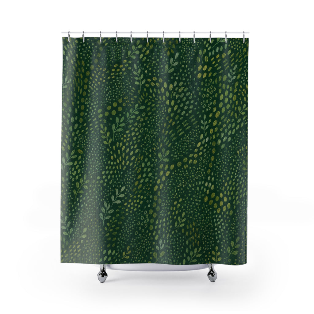 Green Botanical Shower Curtain, Boho Leaf Bath Decor, Dotted Vine Pattern, Forest Sage Guest Bathroom Decor, Organic Green Style