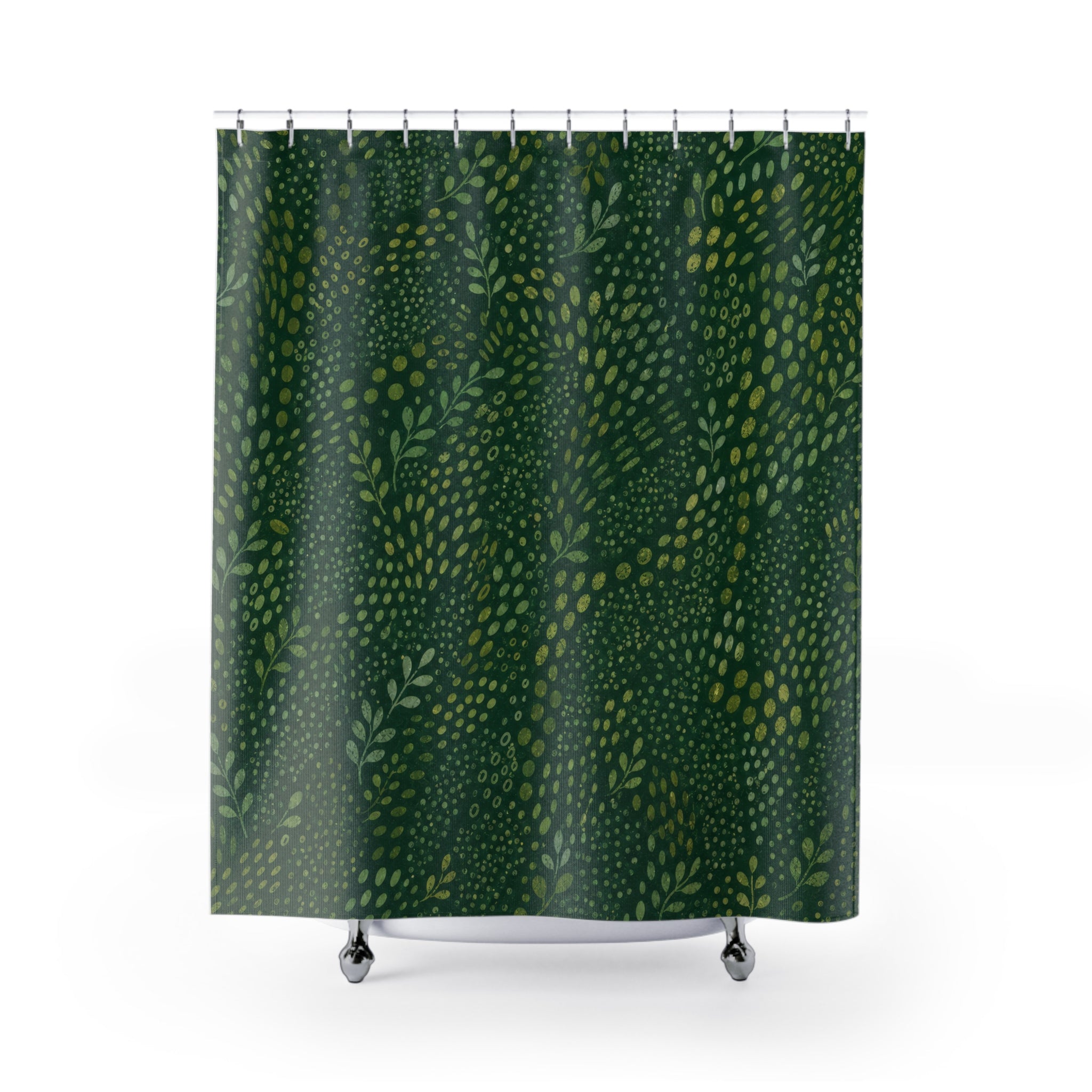 Green Botanical Shower Curtain, Boho Leaf Bath Decor, Dotted Vine Pattern, Forest Sage Guest Bathroom Decor, Organic Green Style