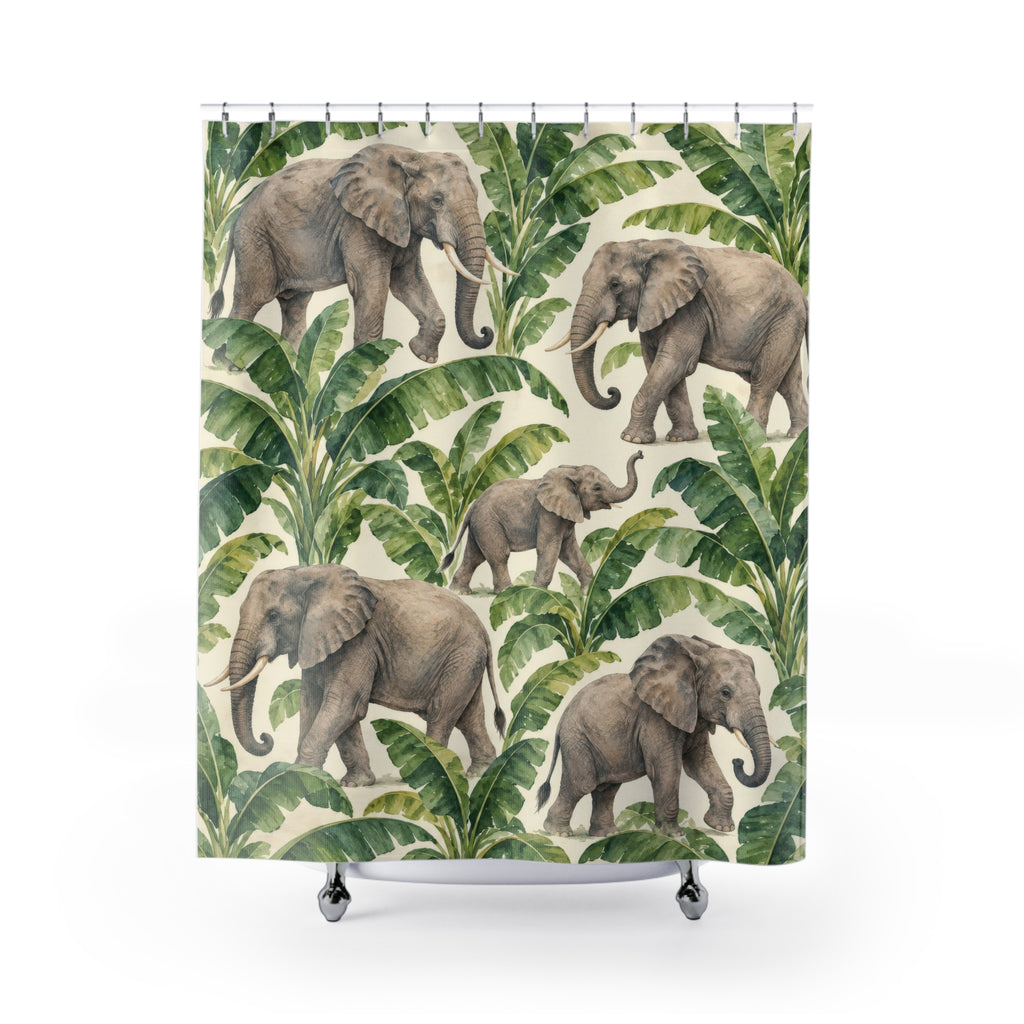 Elephant and green banana leaf pattern shower curtain with full front view
