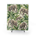 Elephant and green banana leaf pattern shower curtain with full front view