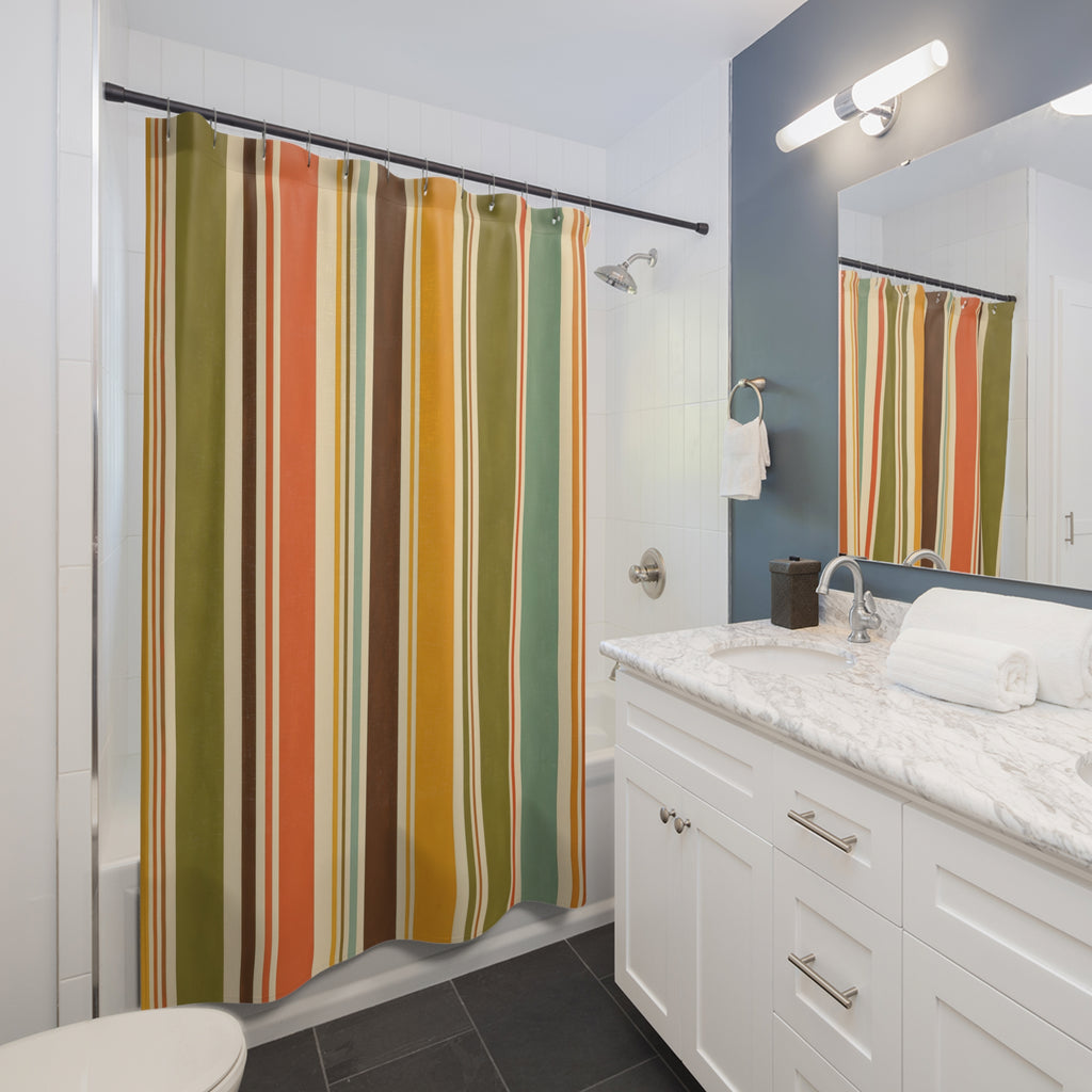 Olive Mustard Vertical Cabana Stripe Shower Curtain