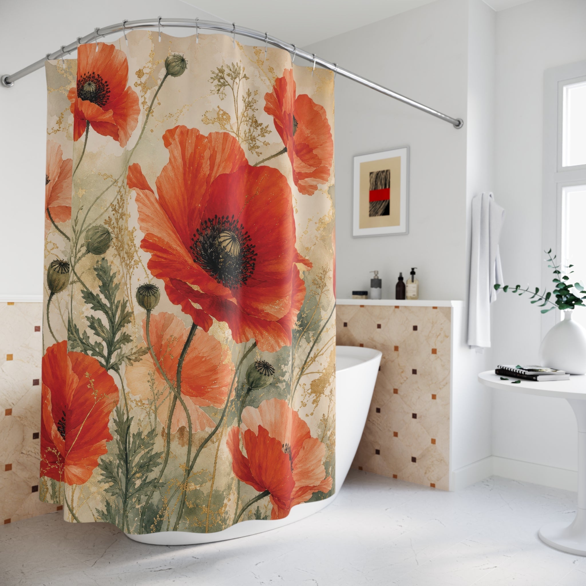 Poppy Shower Curtain: Red Orange Wildflower Watercolor Pattern