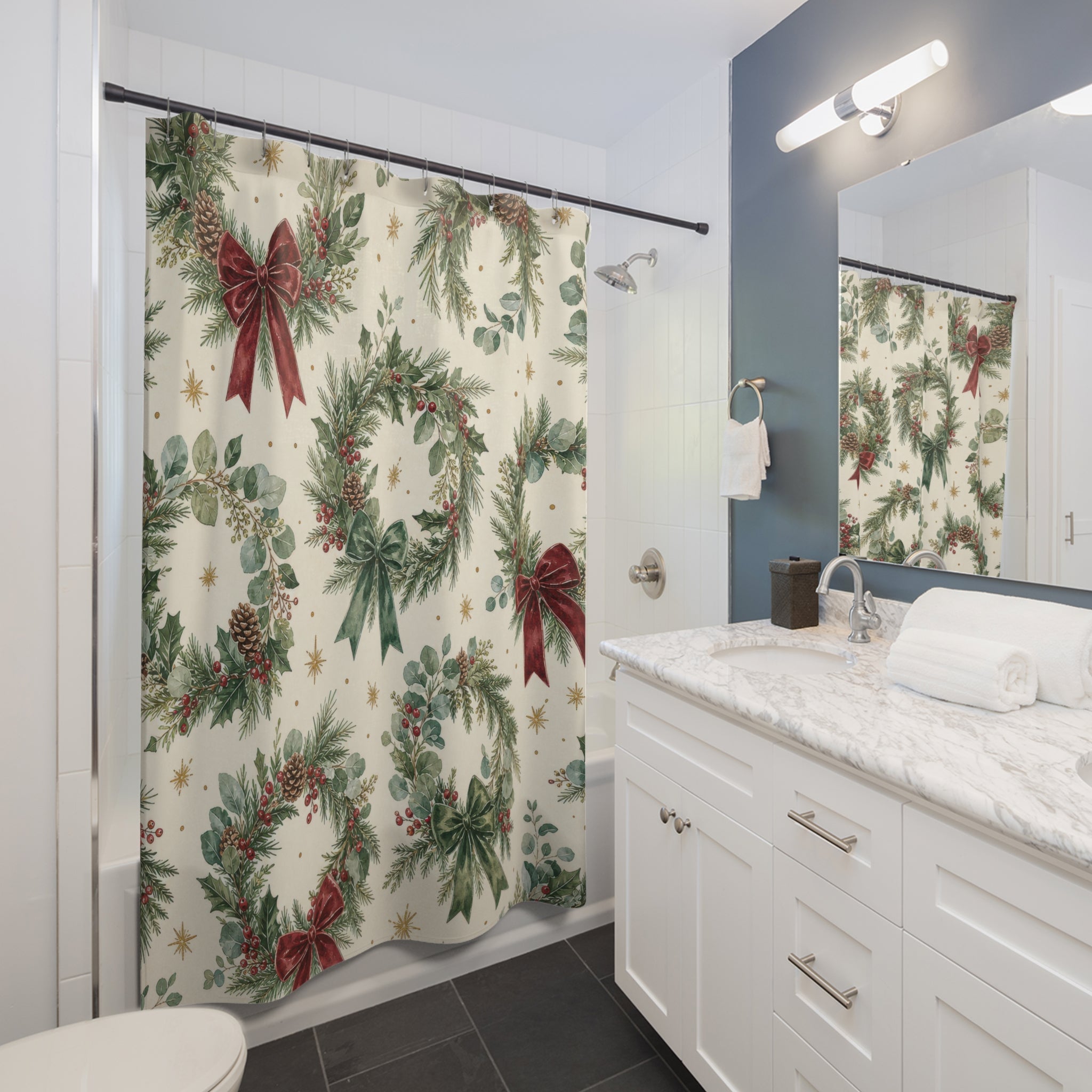 Wreath Red Bow Shower Curtain
