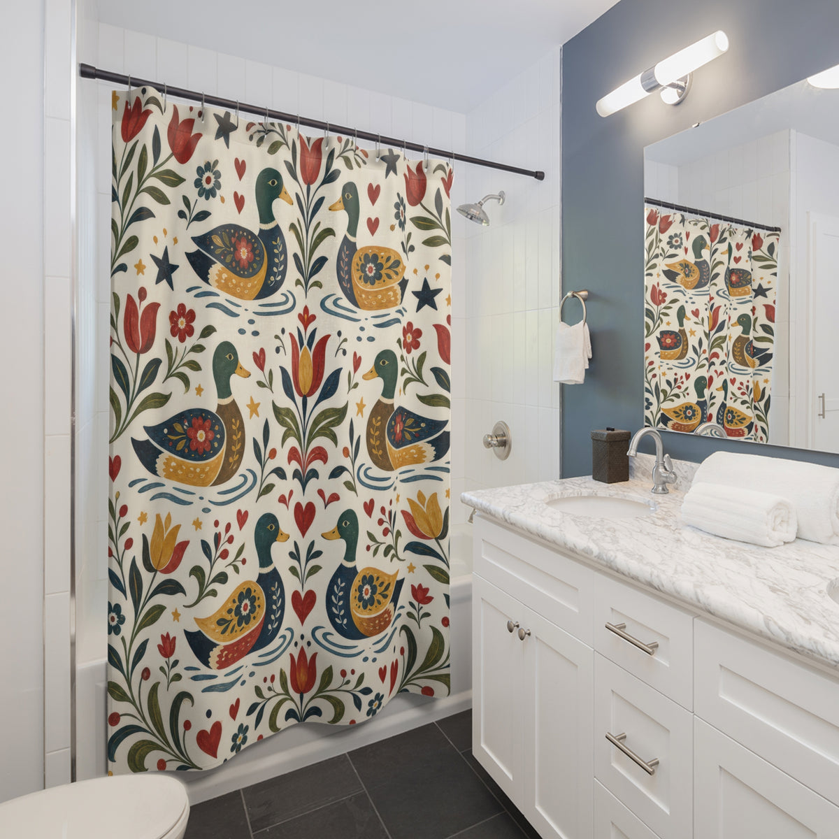 Folk Art Mallard Floral duck shower curtain beside a white vanity
