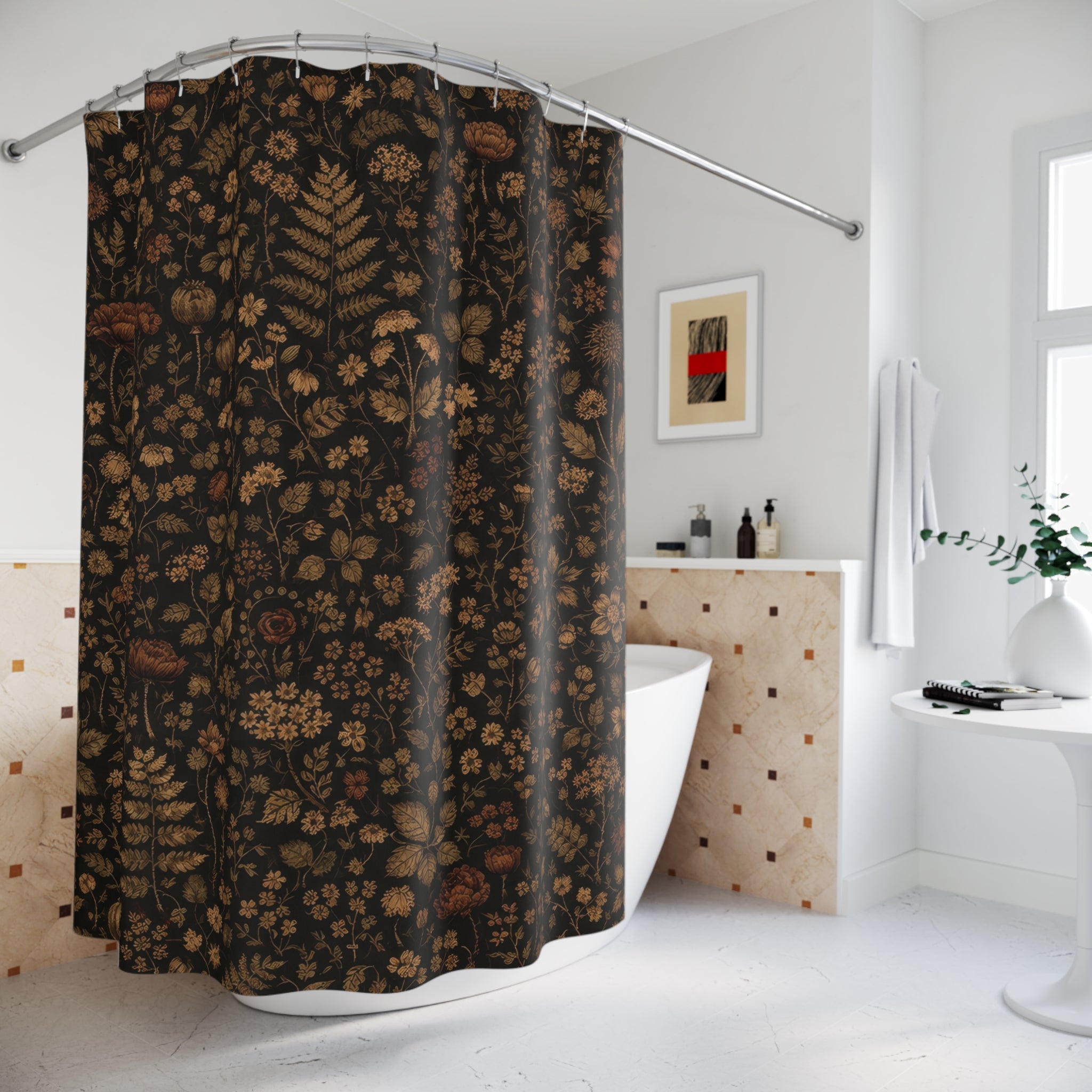 Dark Academia Herbarium Shower Curtain – Dense Botanical