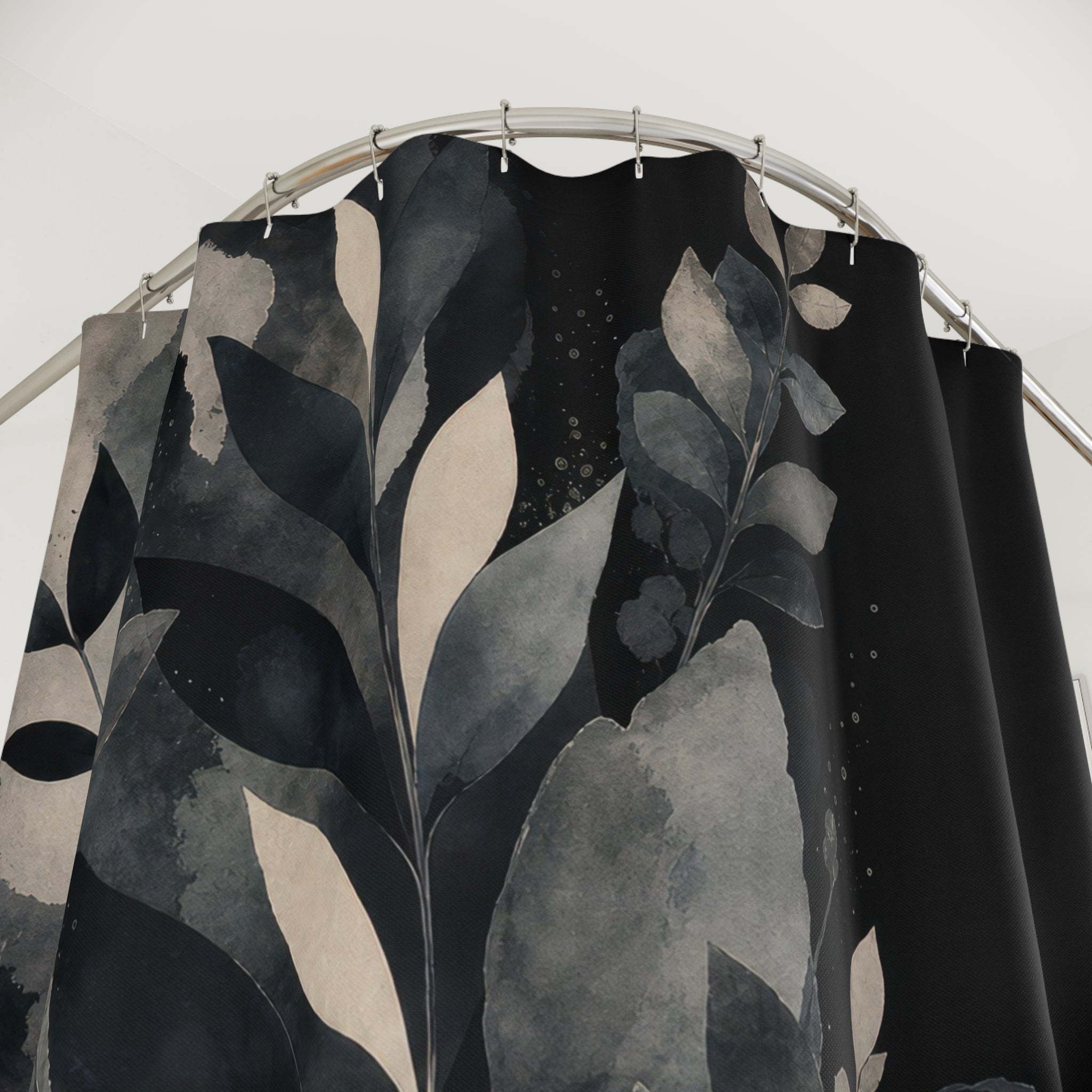 Black Botanical Shower Curtain, Blue Green Leaf Bath Decor, Cream Charcoal Branch Pattern, Moody Nature Guest Bathroom Decor Style