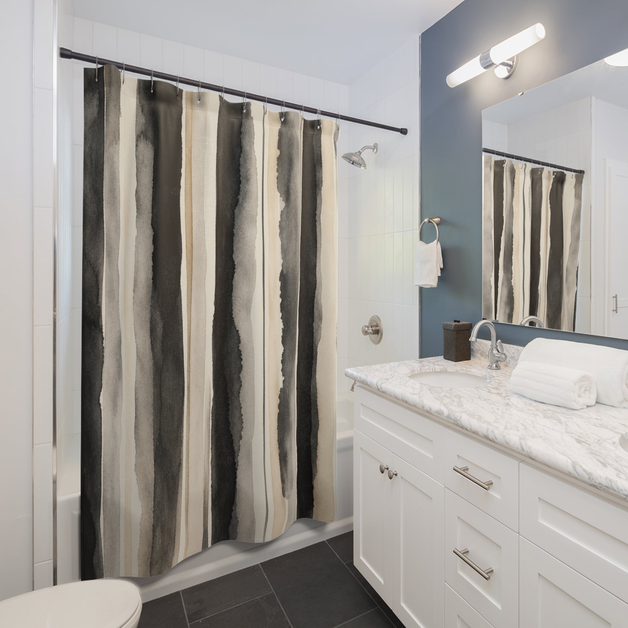 Gray Ivory Vertical Stripe Shower Curtain
