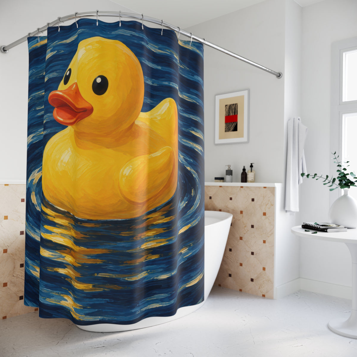Yellow rubber duck on swirling navy water shower curtain beside a freestanding tub