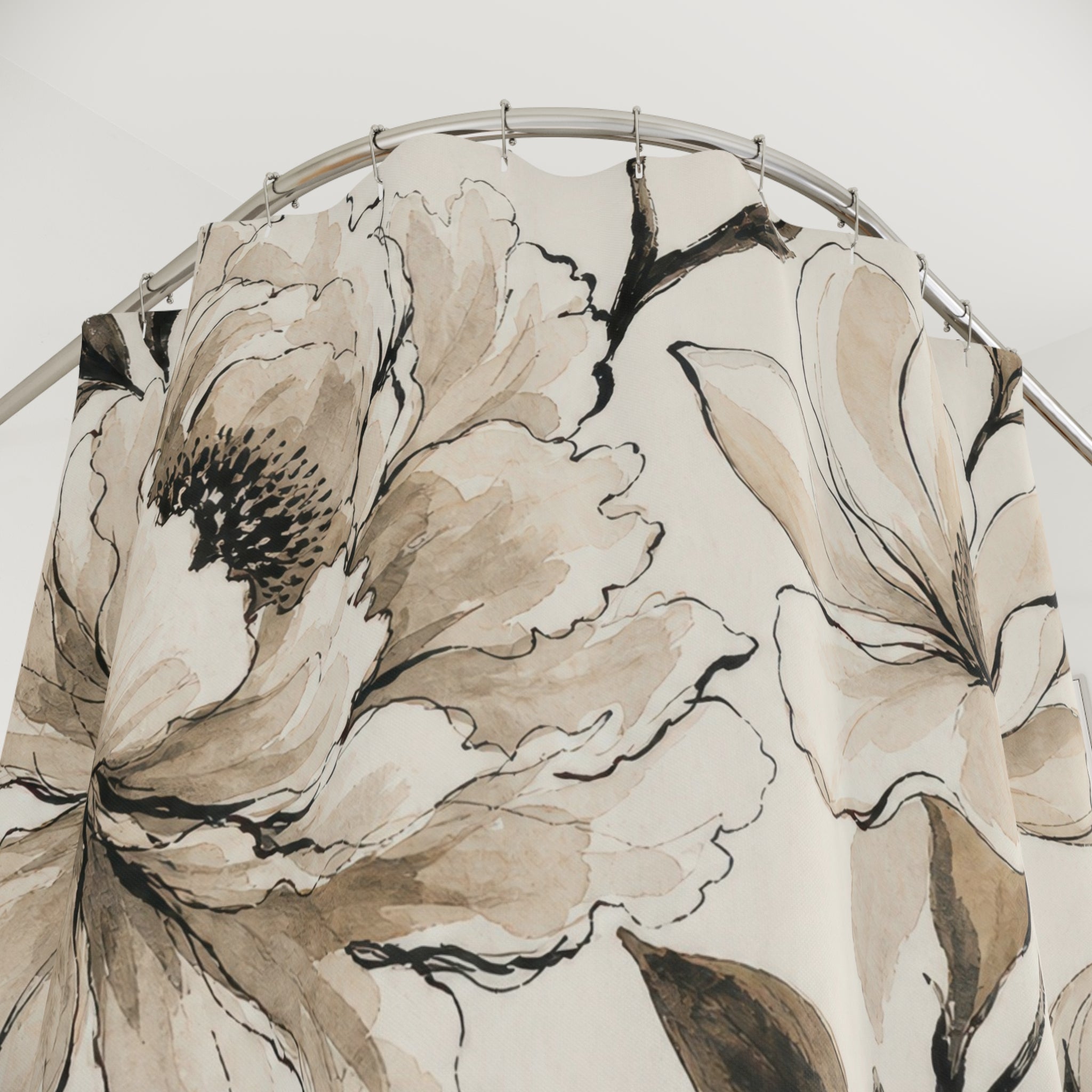 Beige Black Watercolor Flower Shower Curtain