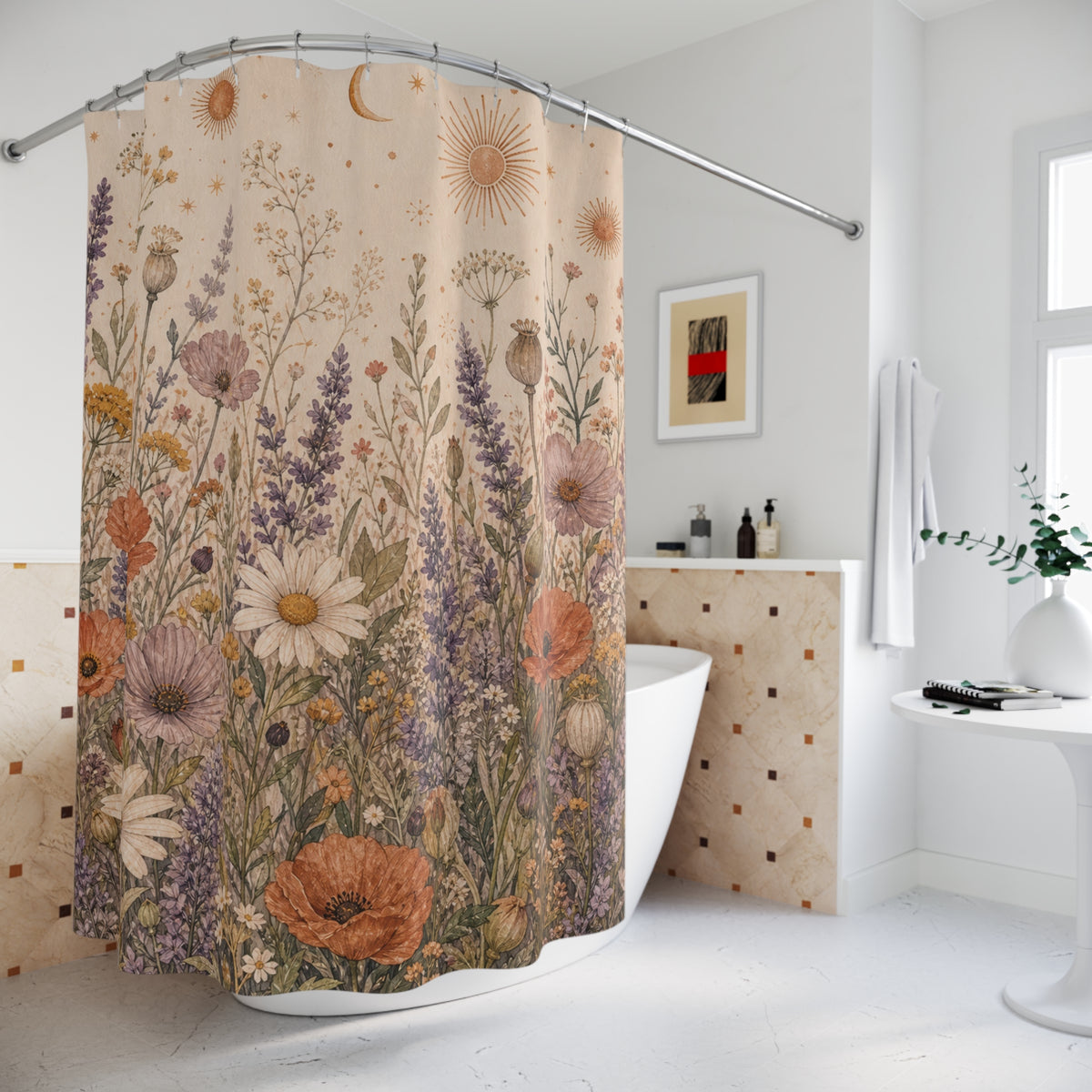 Boho Wildflower Meadow floral vintage shower curtain beside a freestanding tub