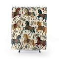 Christmas Holiday Shower Curtain, Folk Art Carousel Horse Pattern, Teal Cranberry Winter Bathroom Decor, Festive Guest Bath Gift