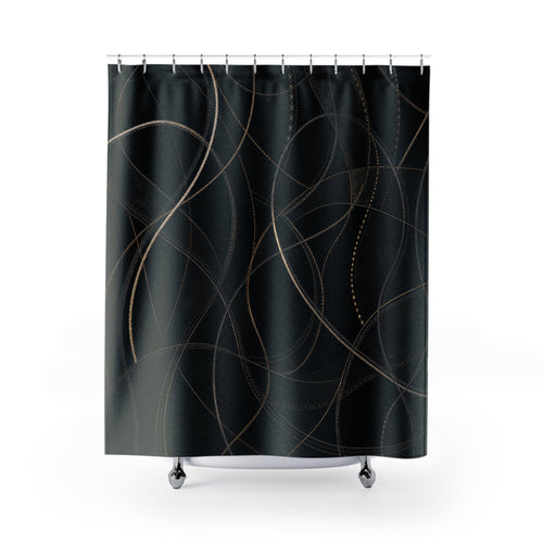 Abstract Gold Line Art black shower curtain with full front view