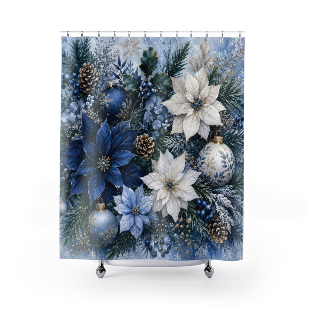 Winter Christmas Shower Curtain: Blue White Floral Holiday