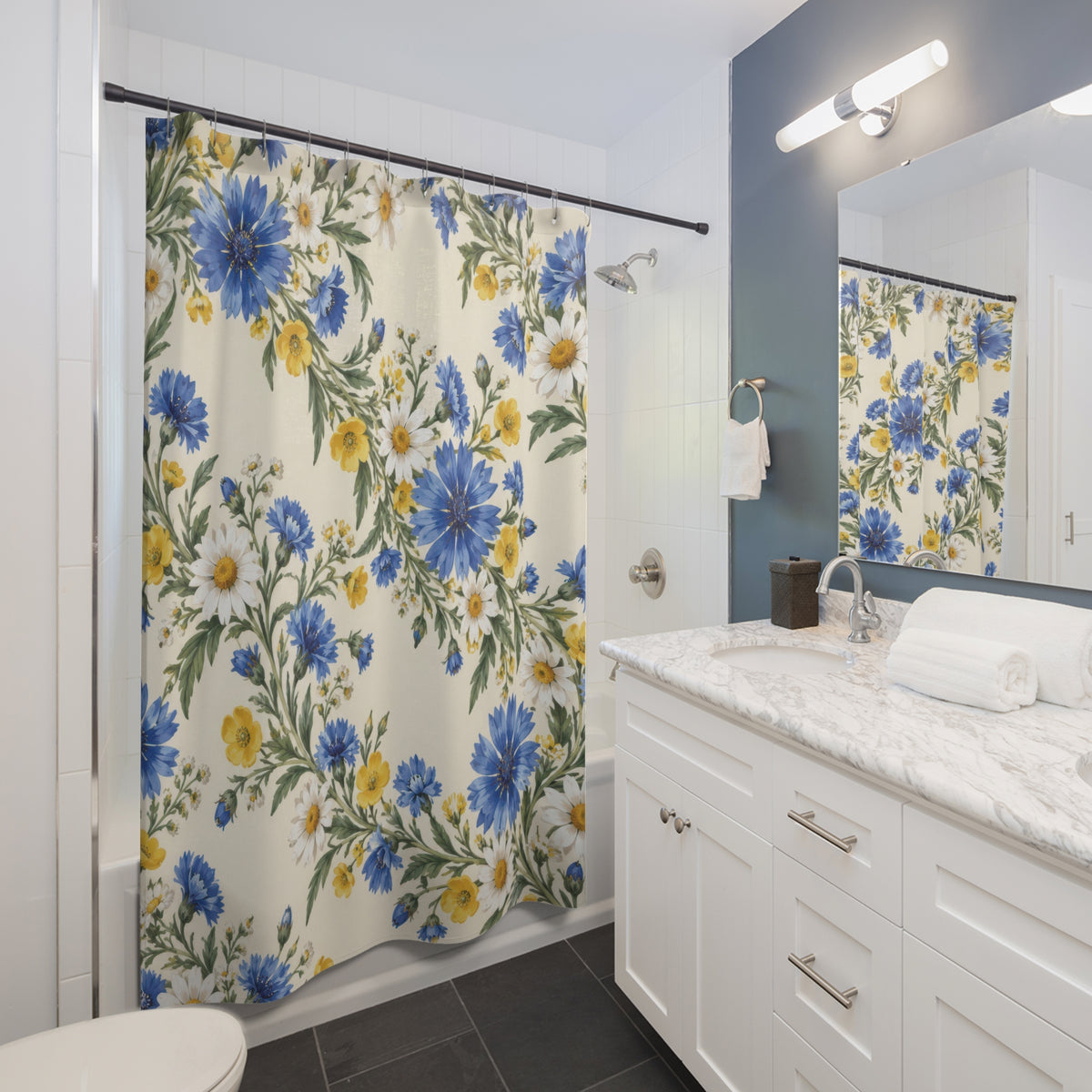 Blue cornflowers, white daisies and yellow buttercup garlands shower curtain beside a white vanity