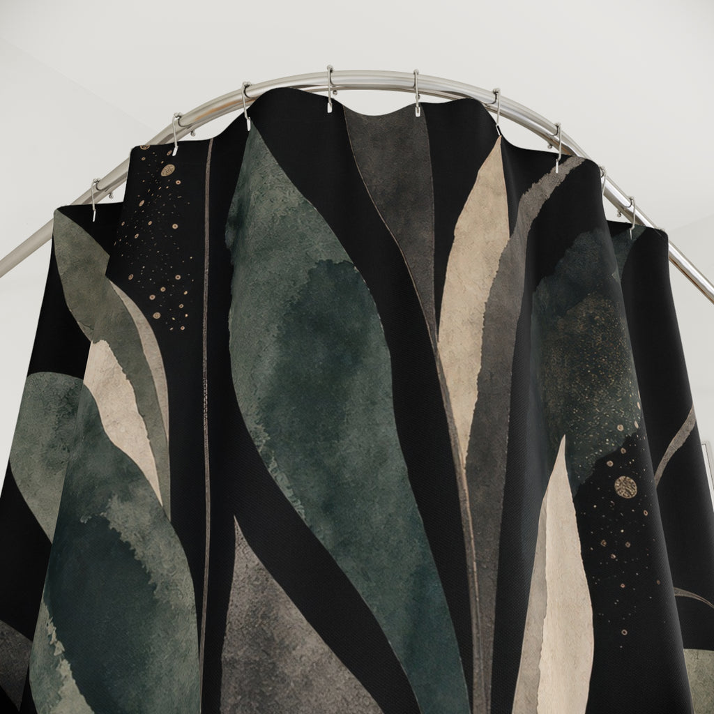 Green Botanical Shower Curtain, Black Leaf Bath Decor, Cream Teal Branch Pattern, Moody Modern Bathroom Decor, Nature Inspired Style