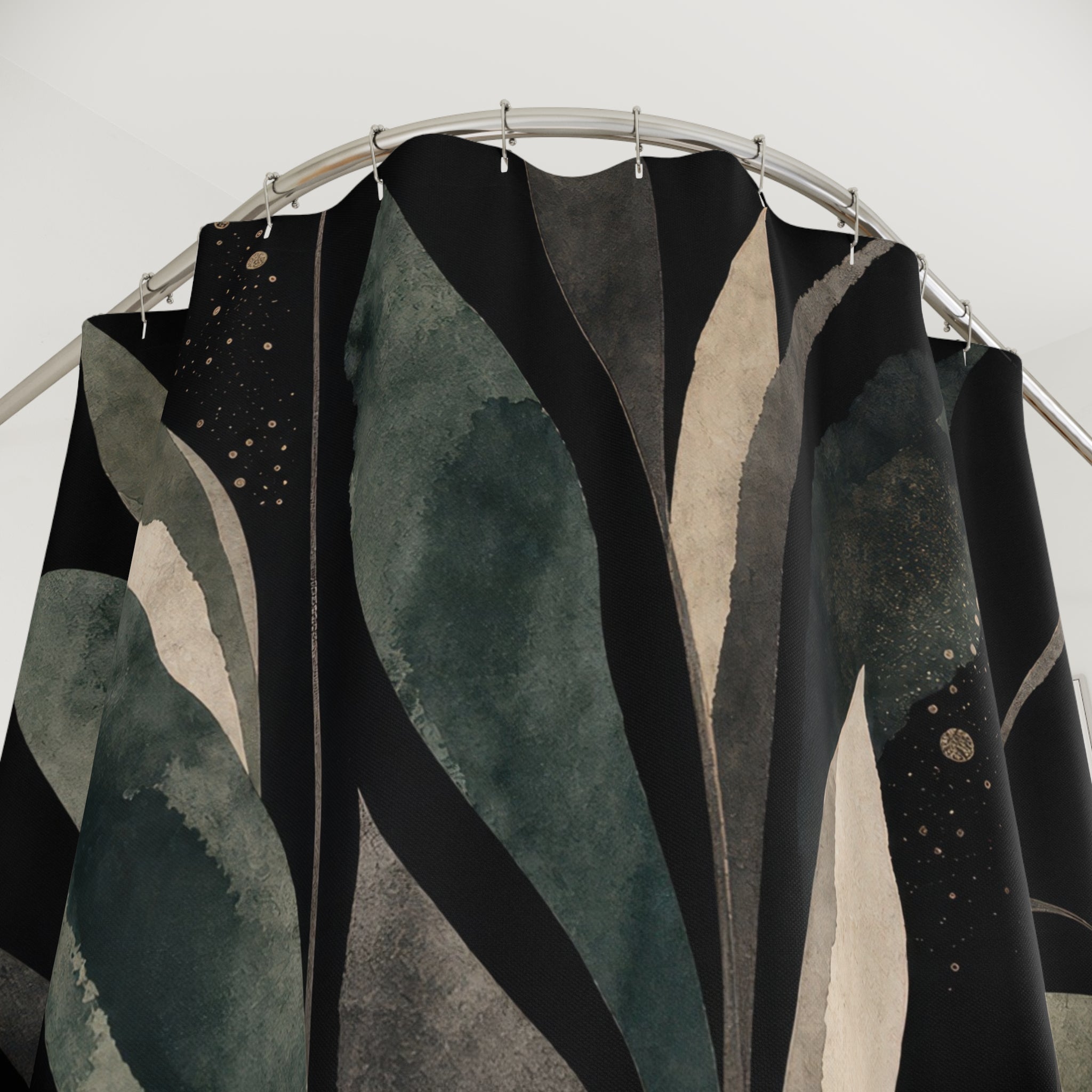 Green Botanical Shower Curtain, Black Leaf Bath Decor, Cream Teal Branch Pattern, Moody Modern Bathroom Decor, Nature Inspired Style