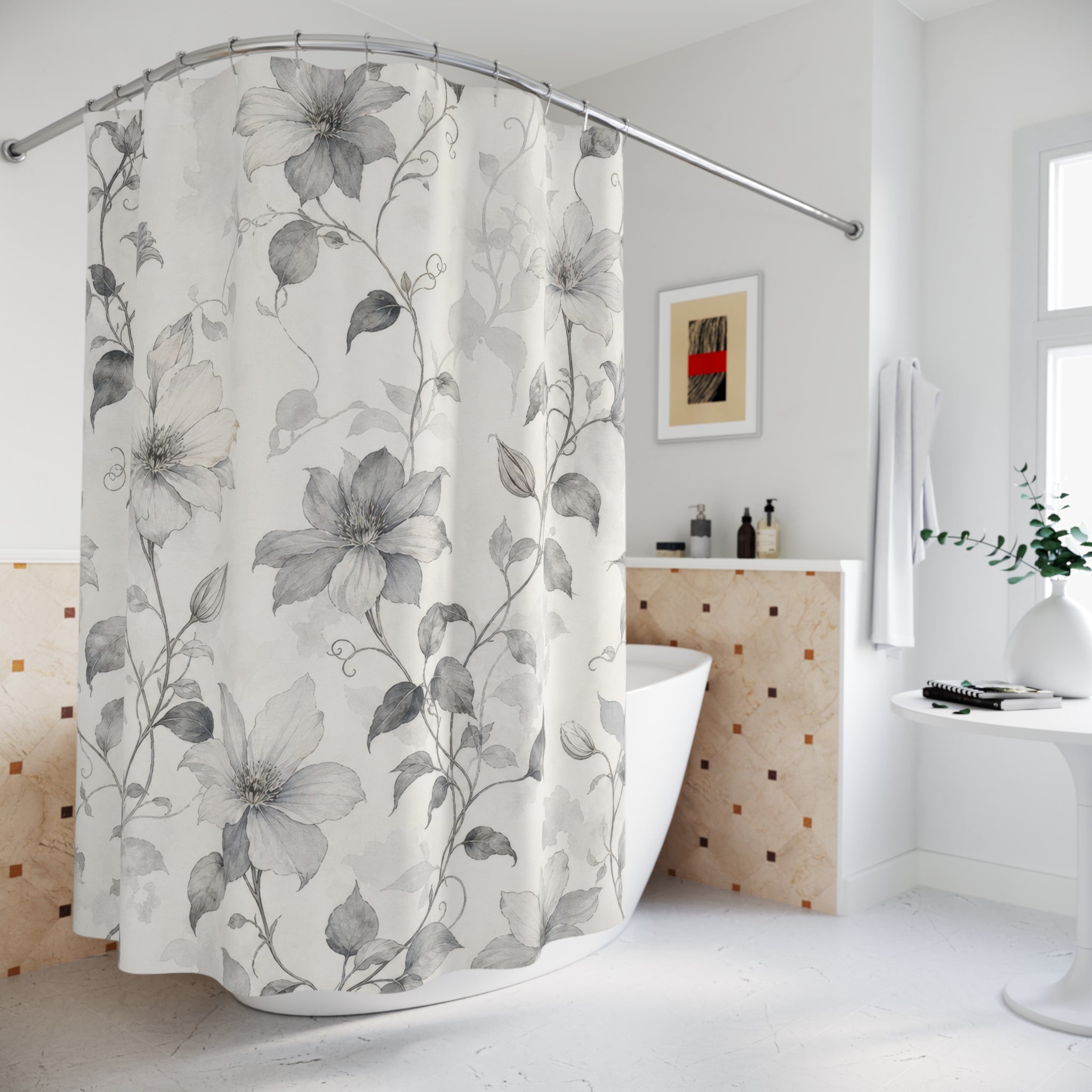Gray White Botanical Vine Shower Curtain