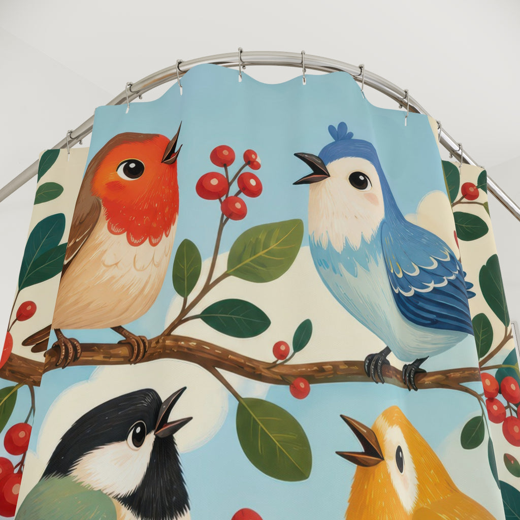 Close-up of Colorful round songbirds singing on tiered berry branches shower curtain with hooks and folds