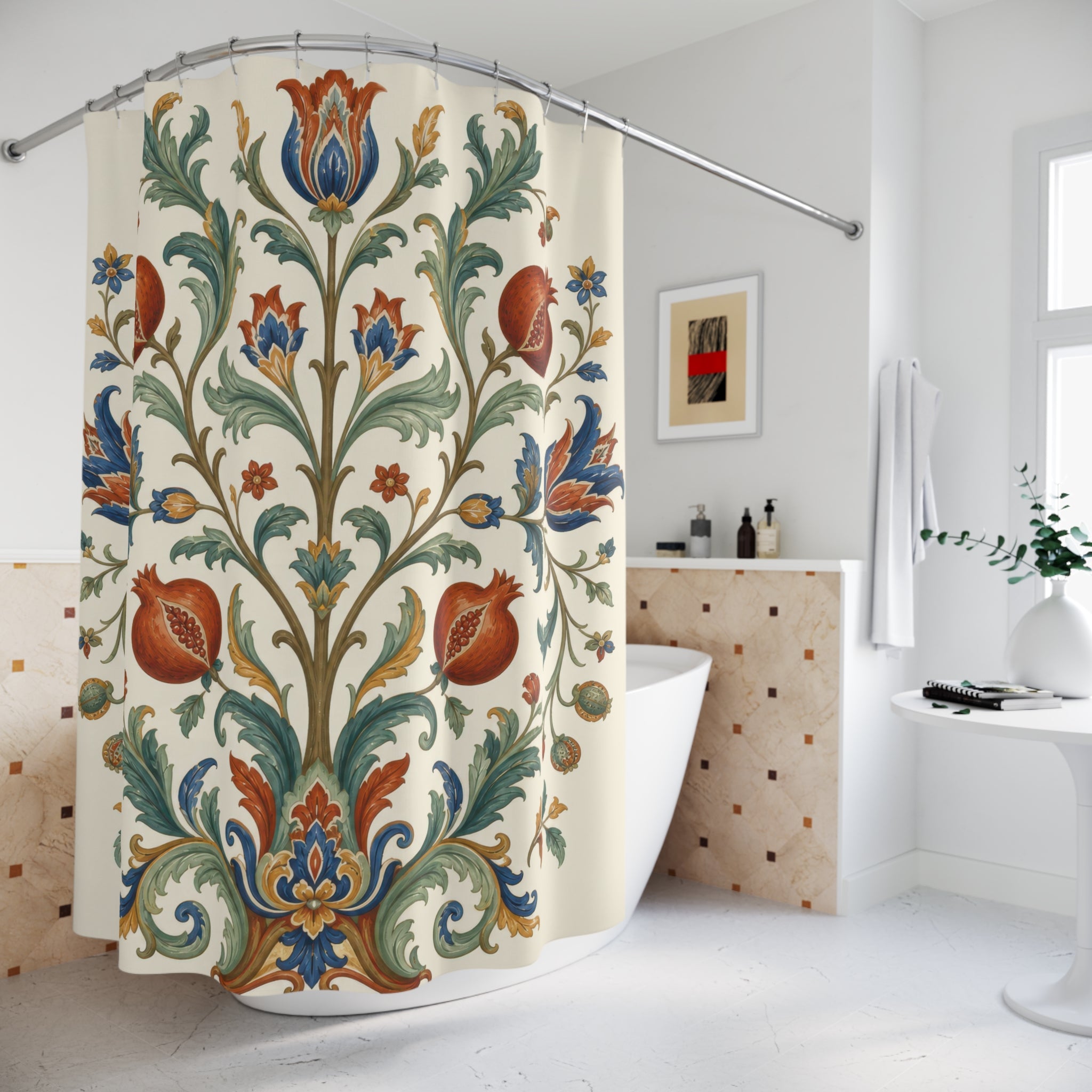 Warm ivory Jacobean tree of life floral shower curtain beside a freestanding tub