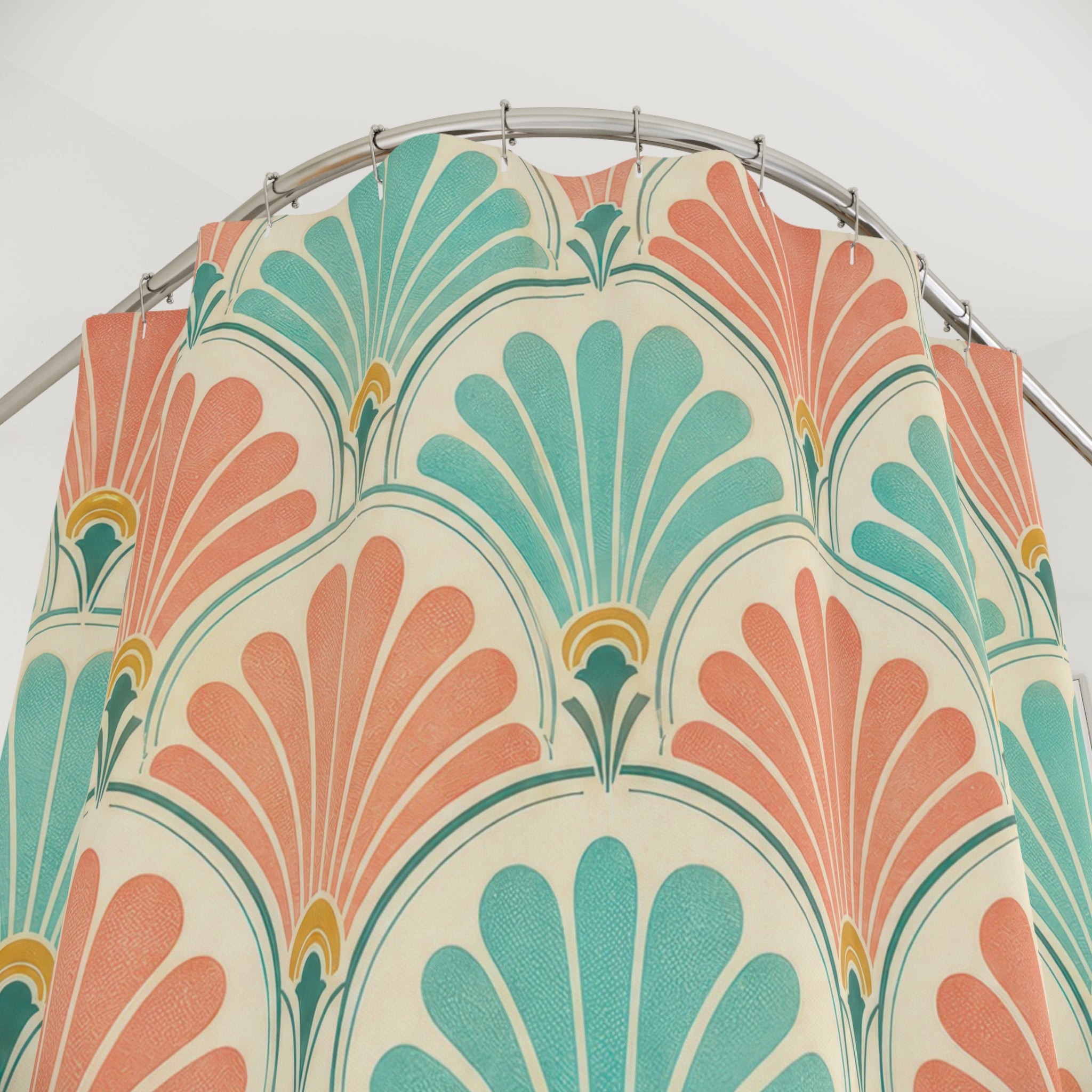 Peach Teal Scallop Shell Fan Retro Shower Curtain