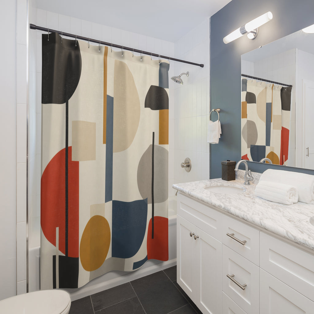Bauhaus Shower Curtain, Navy Mustard Terracotta Geometric Circles, Mid Century Modern Abstract Bathroom Decor, Bold Art Bath Style