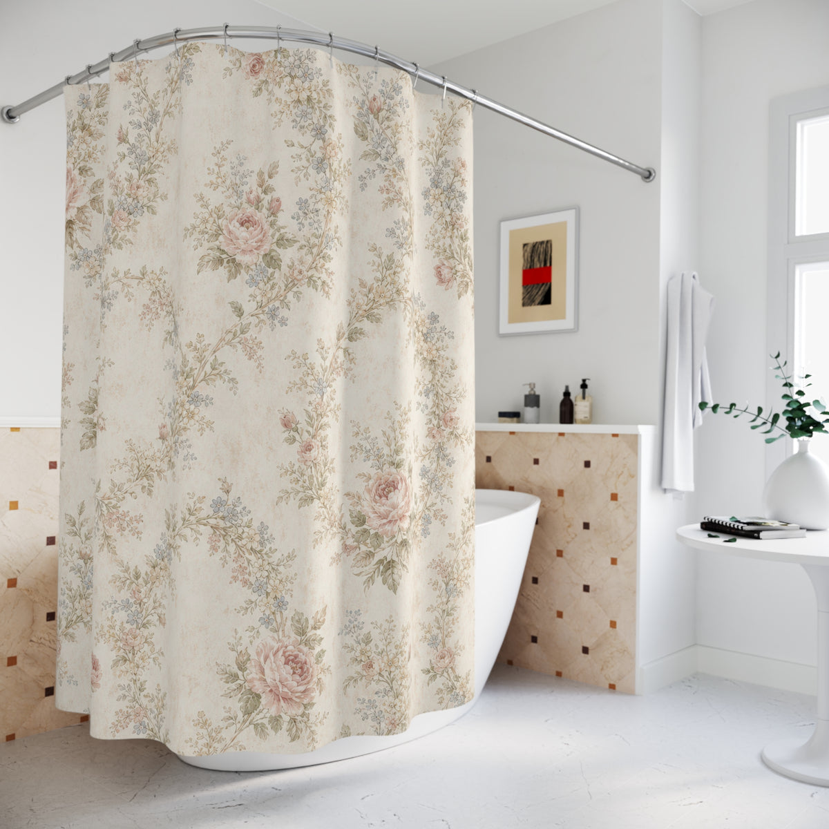 Pink Garland Lattice rose pattern shower curtain beside a freestanding tub