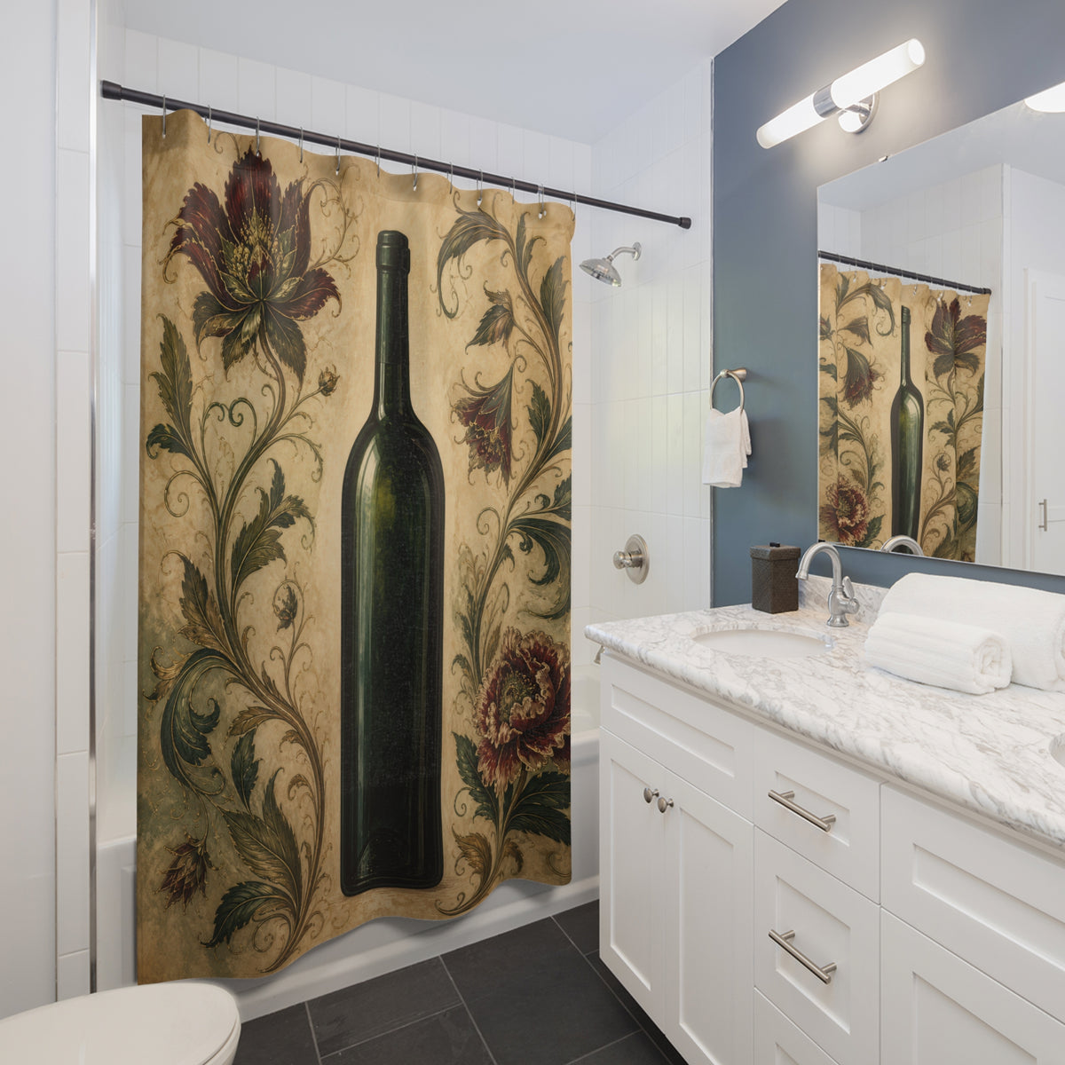 Green wine bottle framed by scrolling flowers and vines shower curtain beside a white vanity