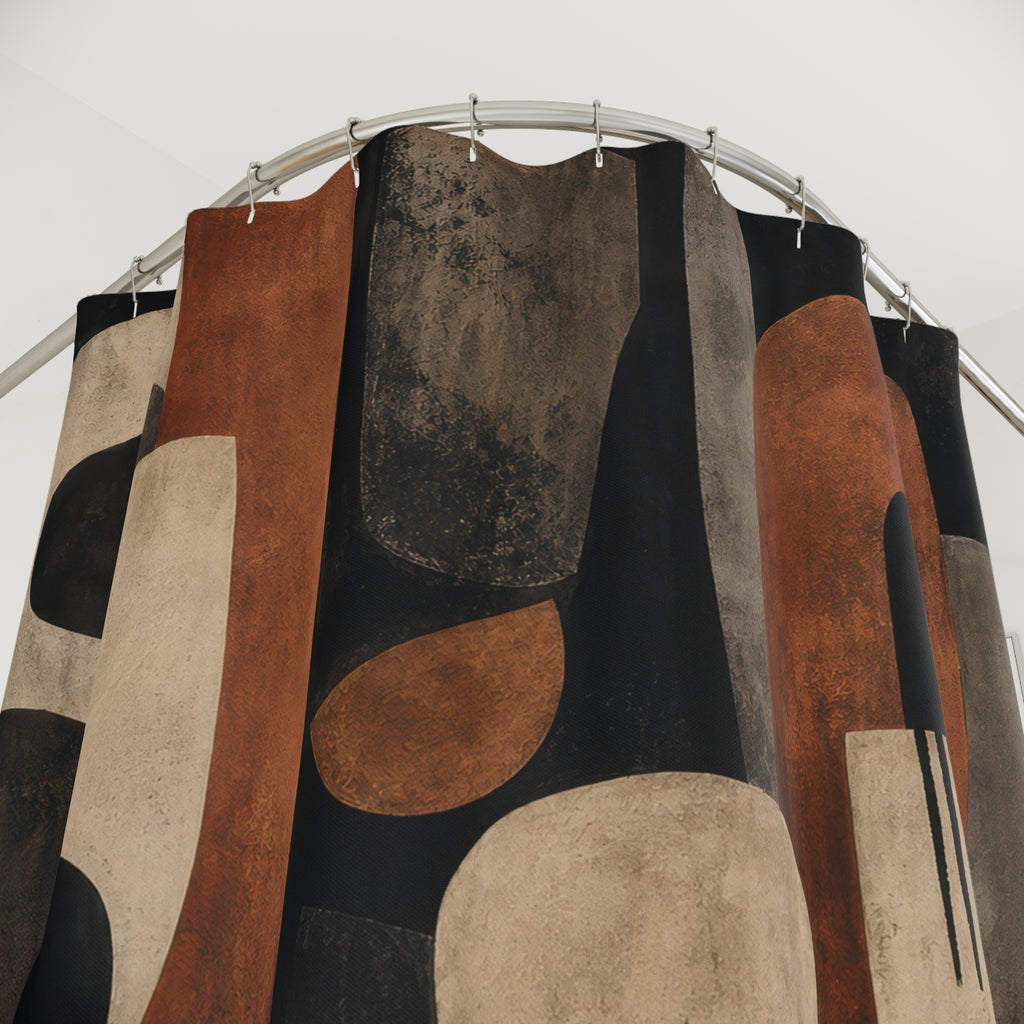 Black Brown Shower Curtain, Mid Century Modern Bath Decor, Rust Cream Geometric Block Pattern, Retro Warm Guest Bathroom Decor Style