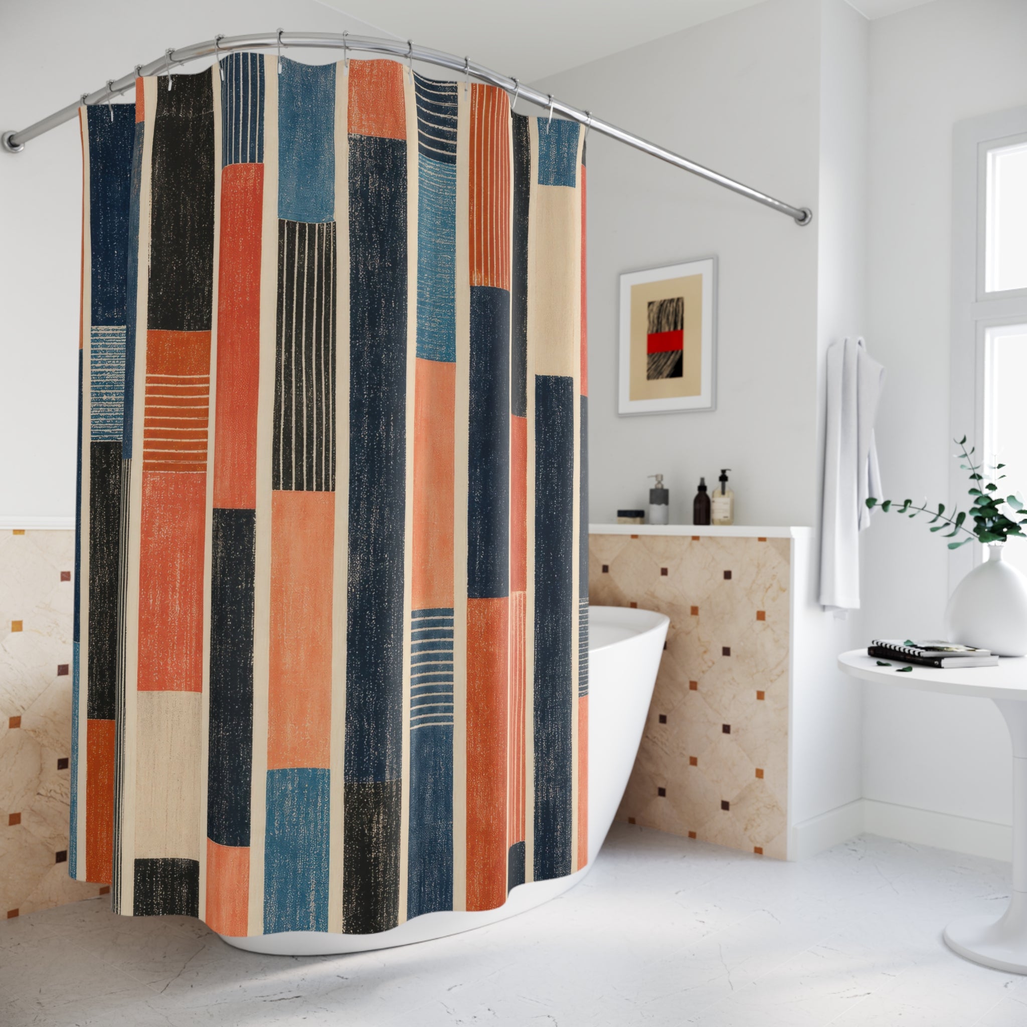 Rust Navy Block Stripe Shower Curtain