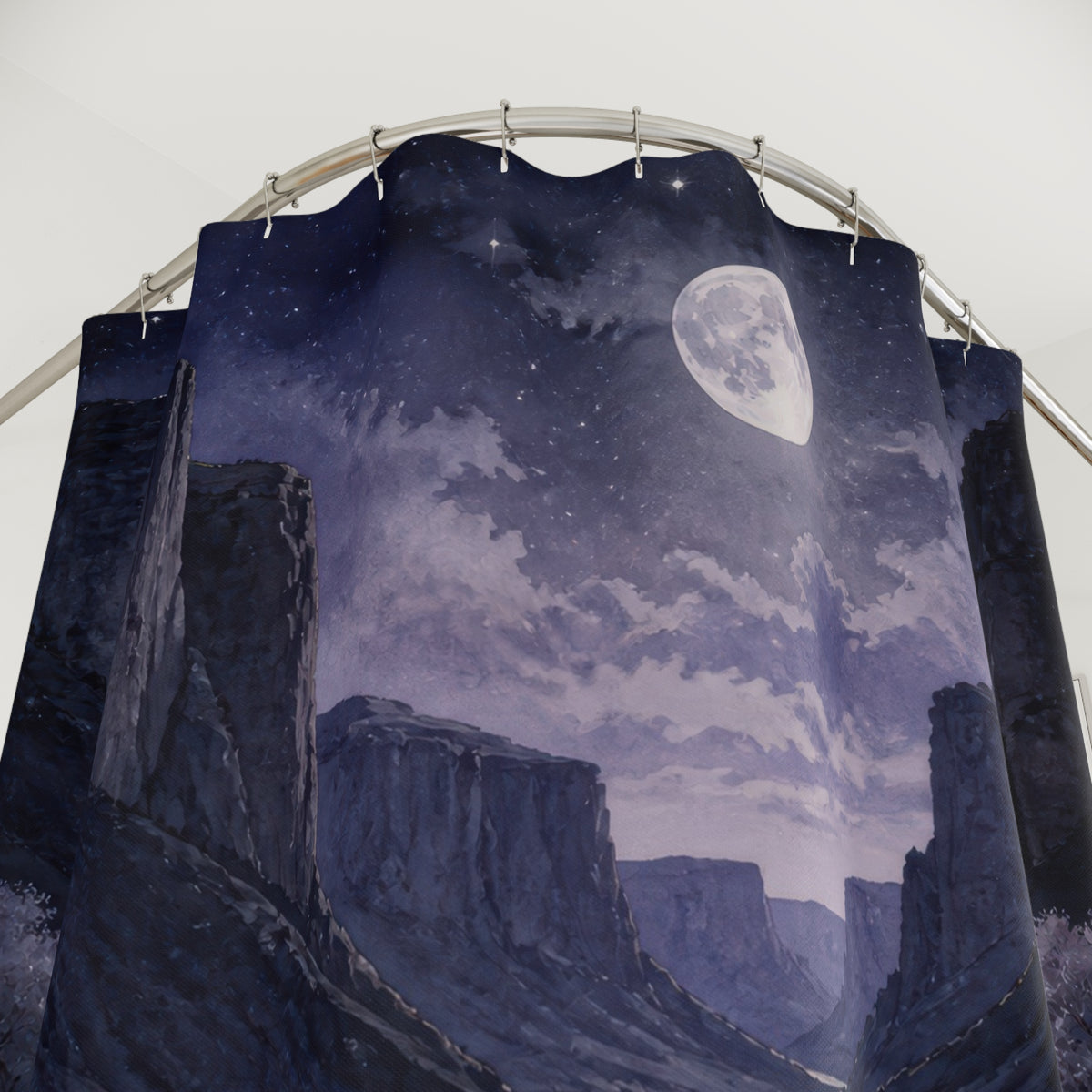 Pale wild mare crossing a moonlit canyon river shower curtain with close-up print, hooks, and folds