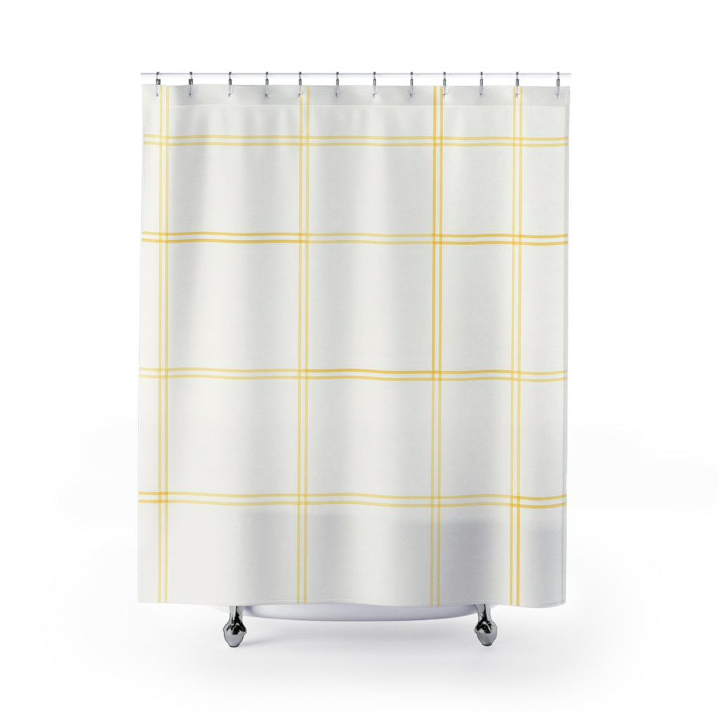 Pale lemon windowpane check on warm white shower curtain with full front view