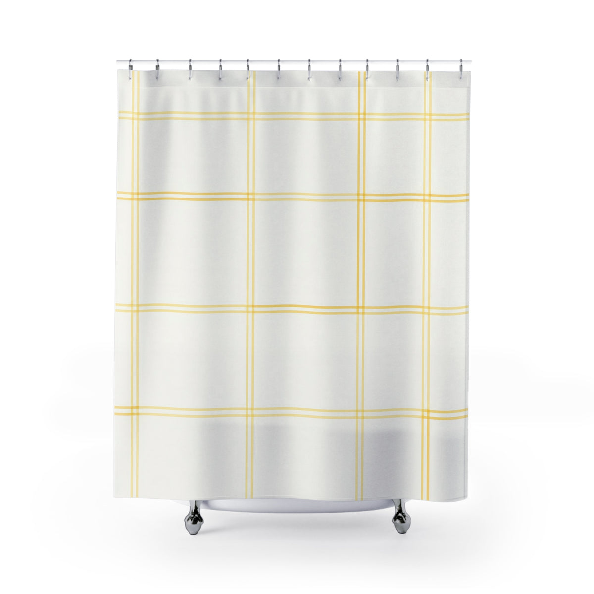 Pale lemon windowpane check on warm white shower curtain with full front view
