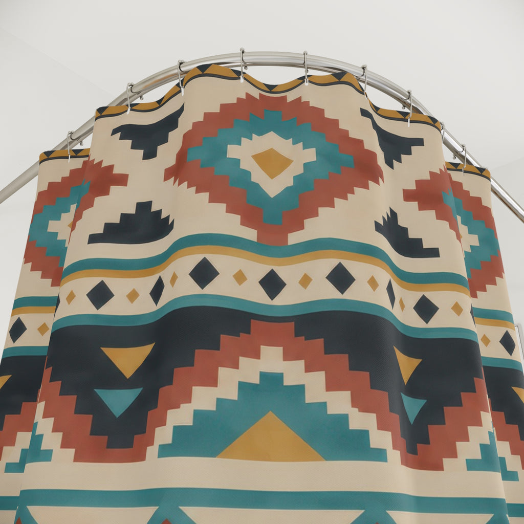 Terracotta and turquoise stepped diamonds on warm beige shower curtain with close-up print, hooks, and folds